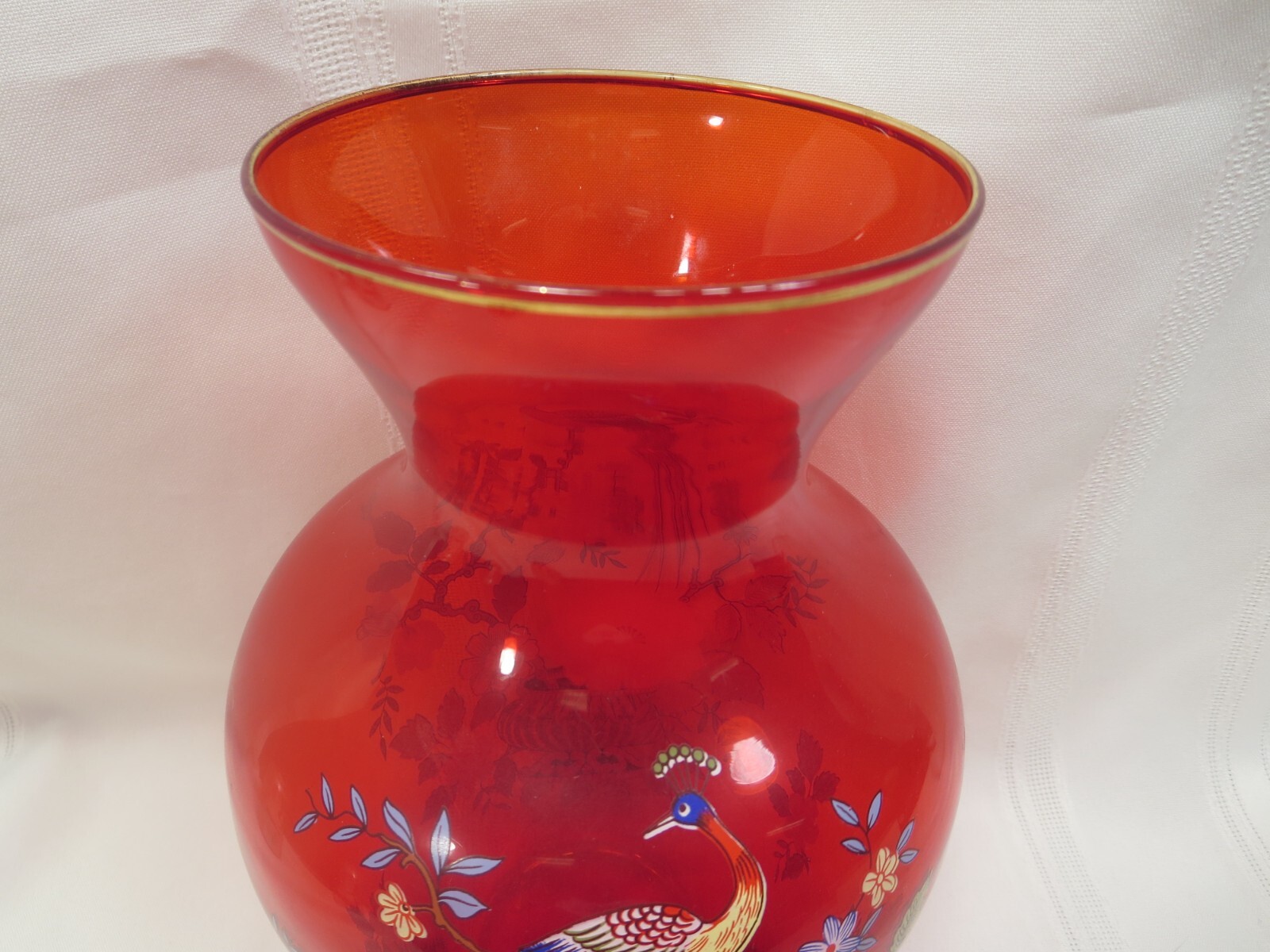 Gorgeous Vintage Norleans Red Ruby Glass 10 Inch Flower Vase Peacock and Flowers