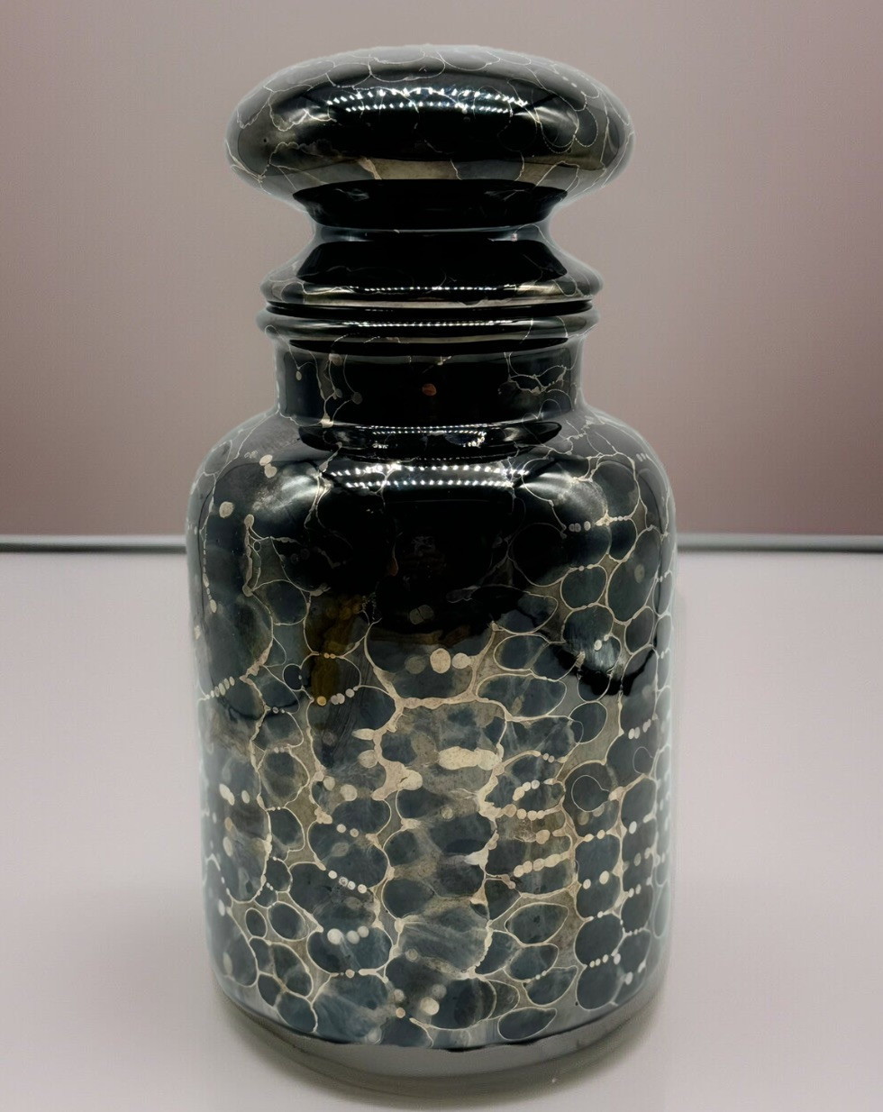 Gold Crystalline black Pottery canister- lidded bubble top apothecary jar, 9 in.