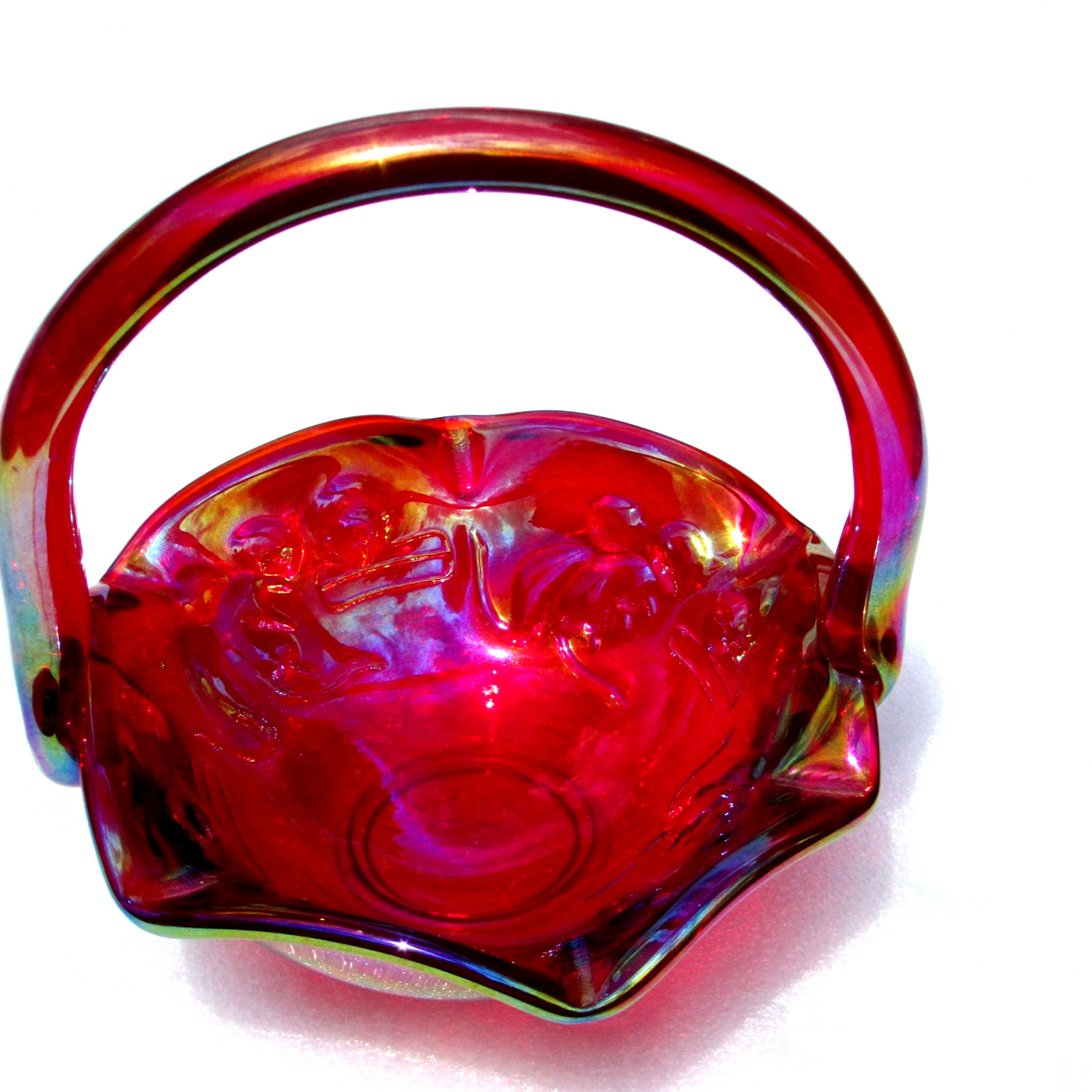 Rare VTG Red Carnival FENTON Art Glass Kitten Basket; Encore 1982 Dorothy Taylor