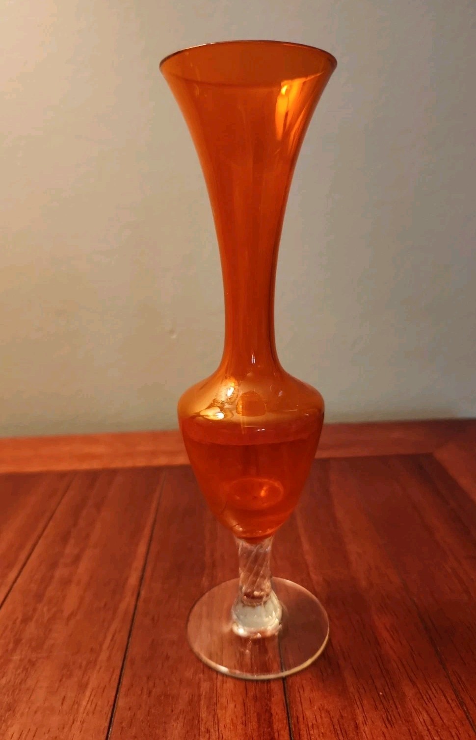 Vintage Orange Empoli Art Glass Bud Vase with clear glass Pedestal 8″ Grannycore