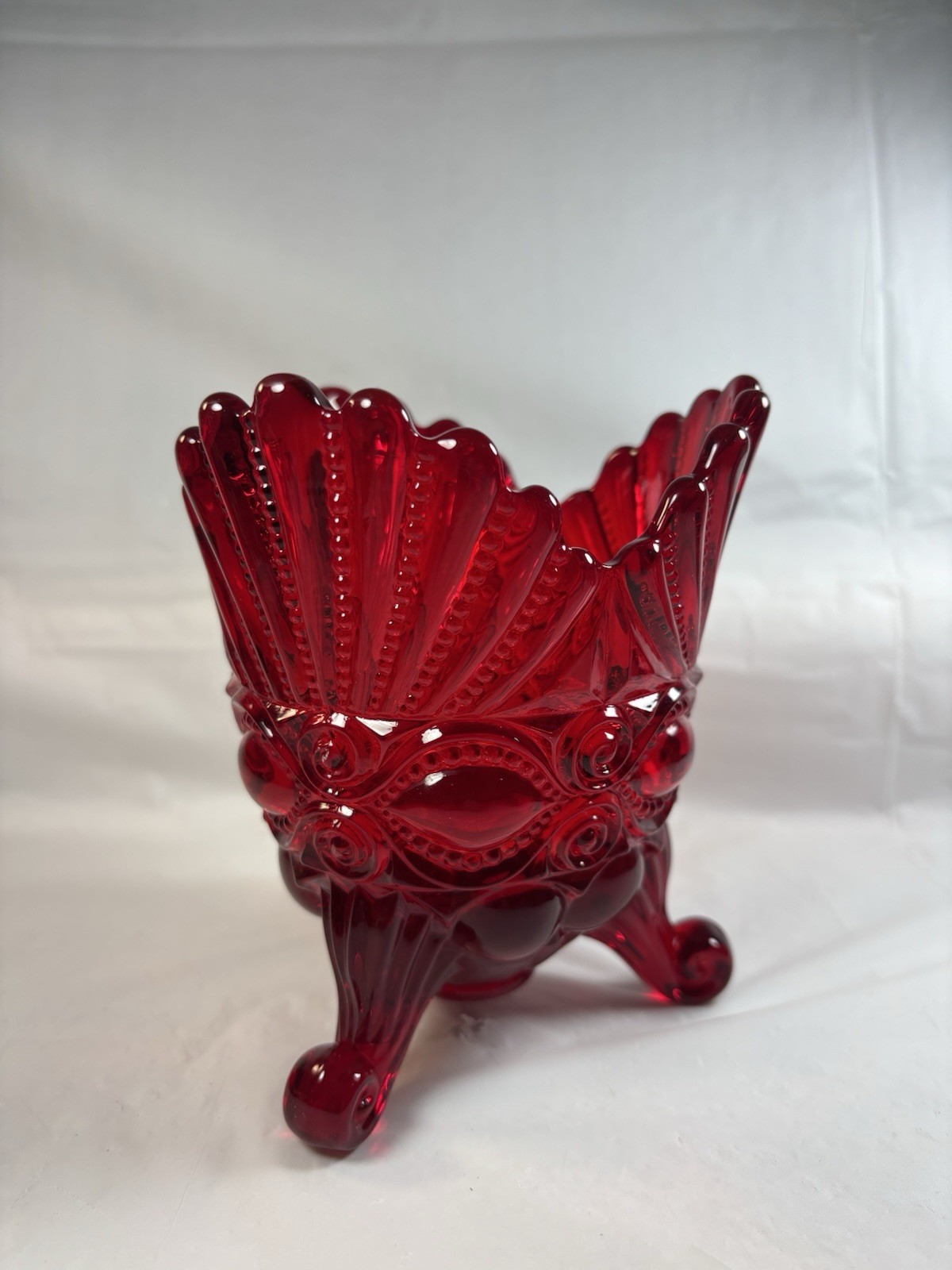 Mosser Red Glass 3 Footed Eye Winker Pattern Spooner Vase