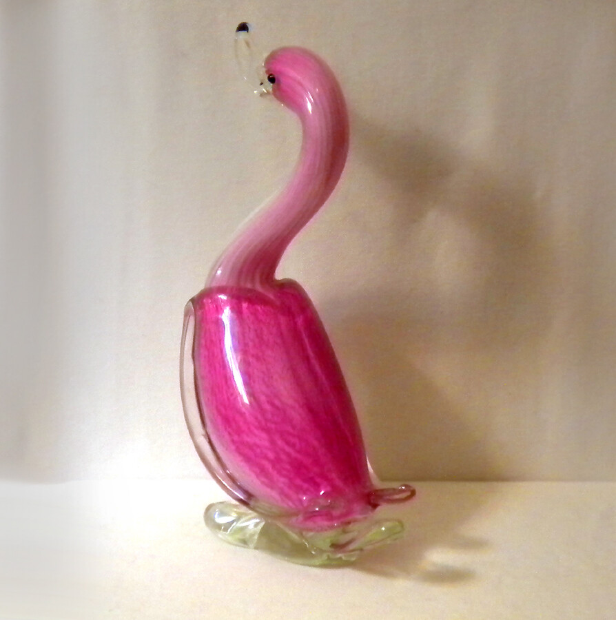Vintage Pink Textured, clear & white Art Glass Duck Sculpture/Figurine 12 ½”