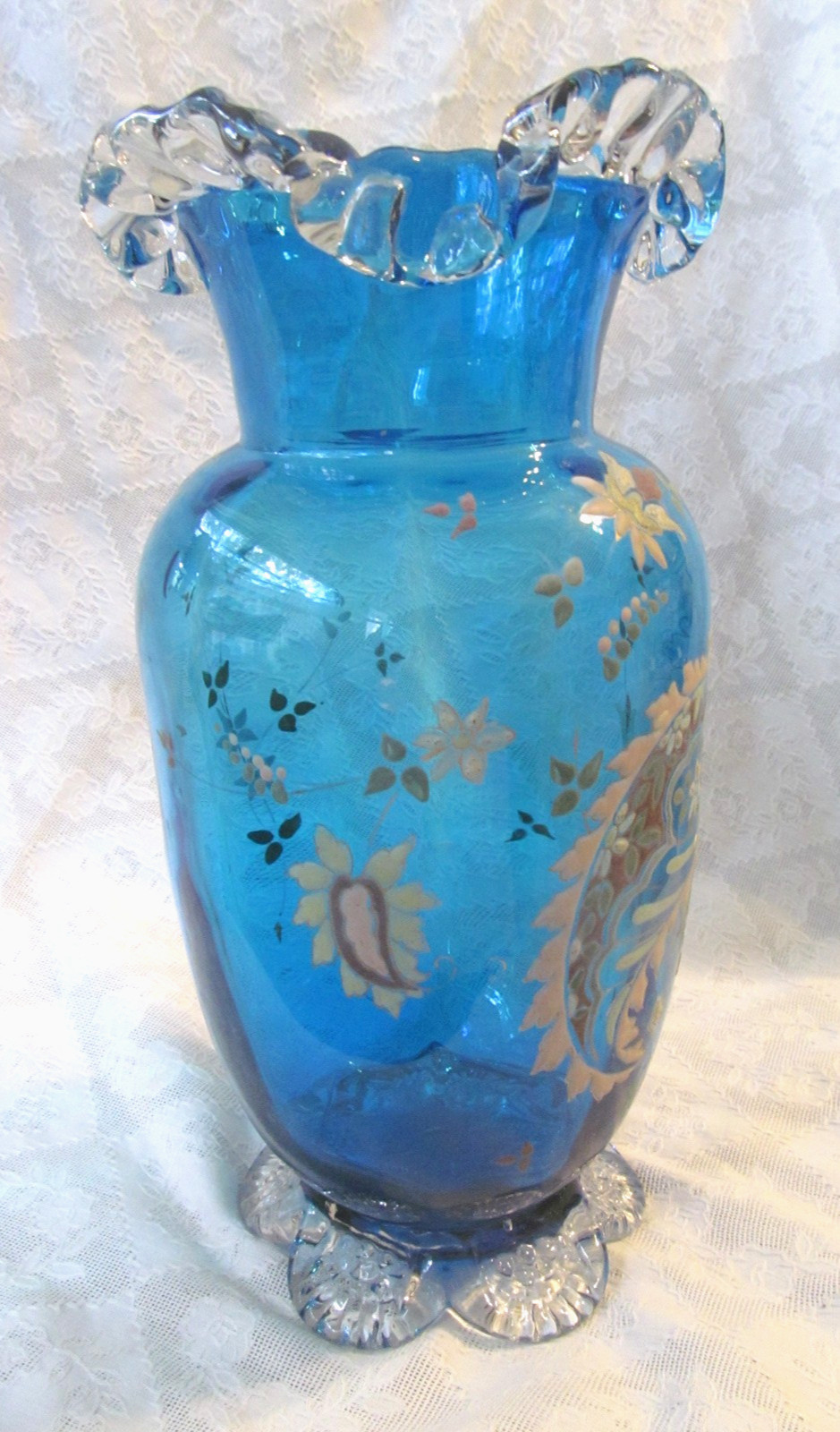 Late 1800s Victorian Tall Hand Blown Art Glass Vase w/Enameled Gilt Decoration