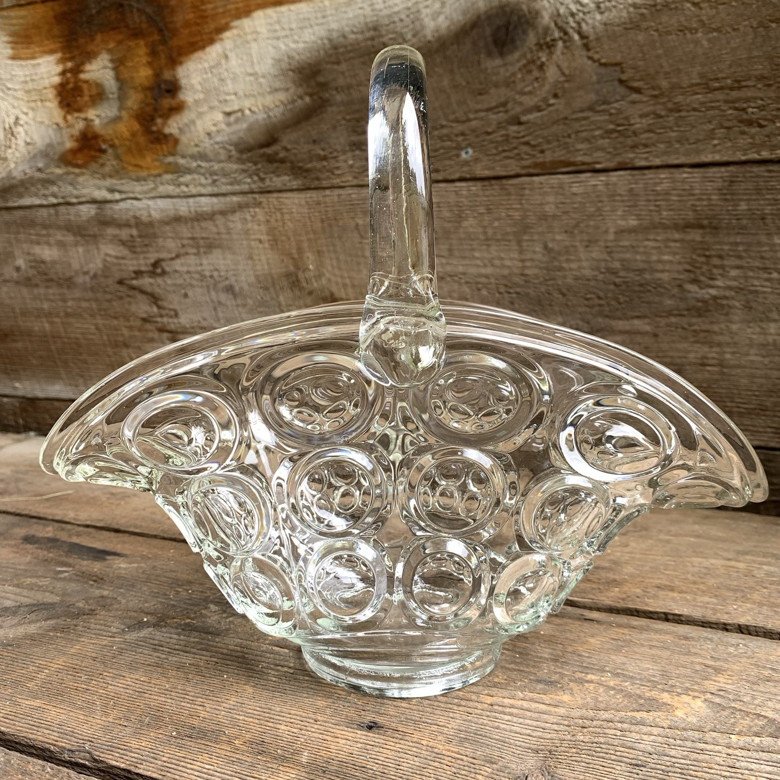 Glass Basket Clear Bowl Vase Thousand Eye by Smith Glass 11” Long Vtg Grannycore