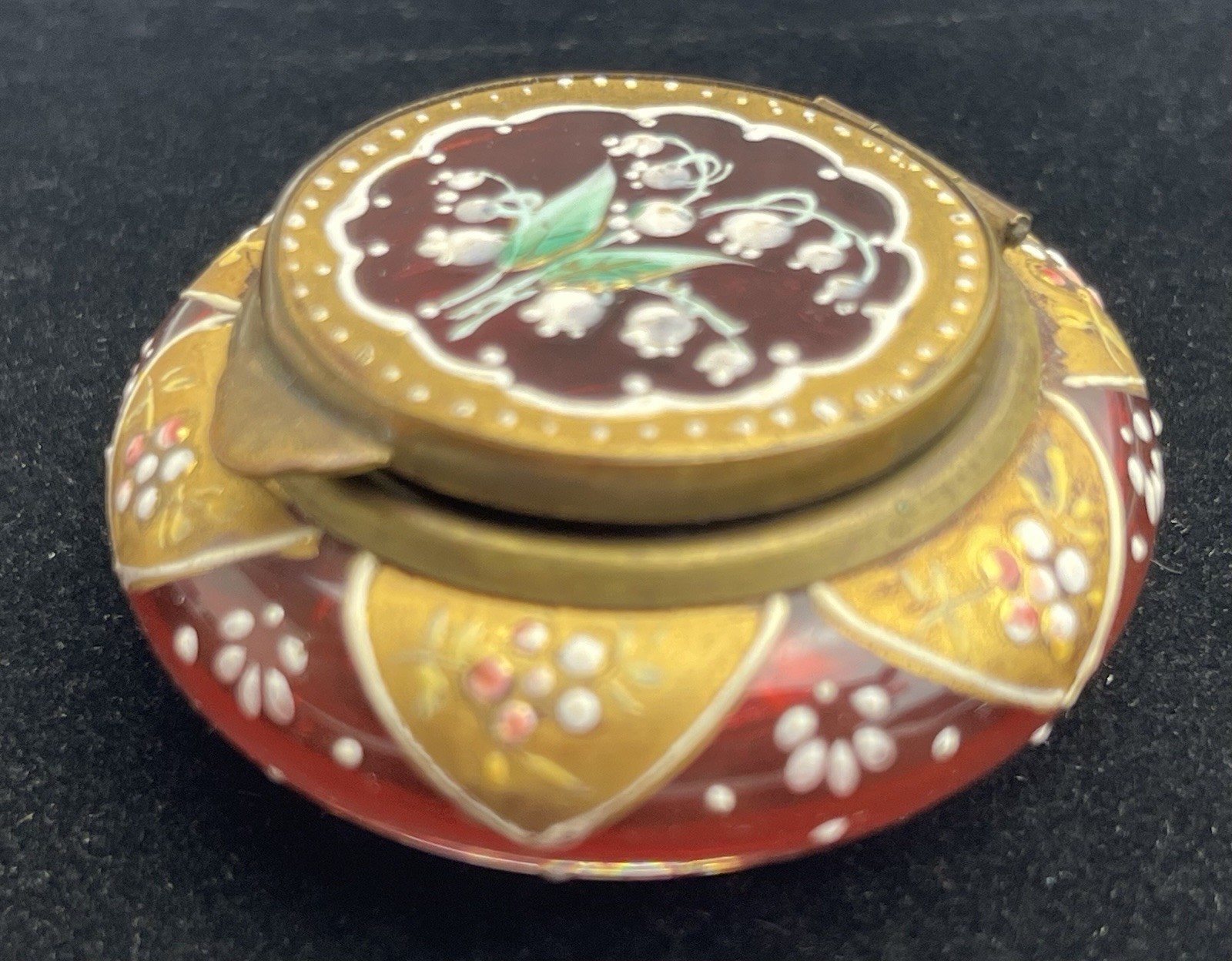 Antique Cranberry Art Glass Dresser Box Rare Lily Of The Valley Motif