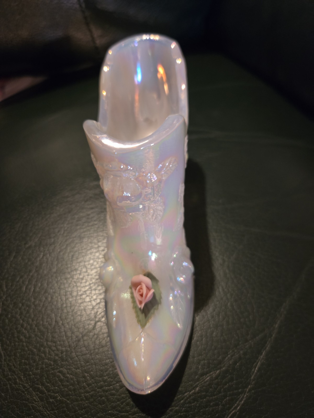 Vintage Fenton Cabbage Rose Iridescent Milk Glass Slipper w/ Raised Pink Rose
