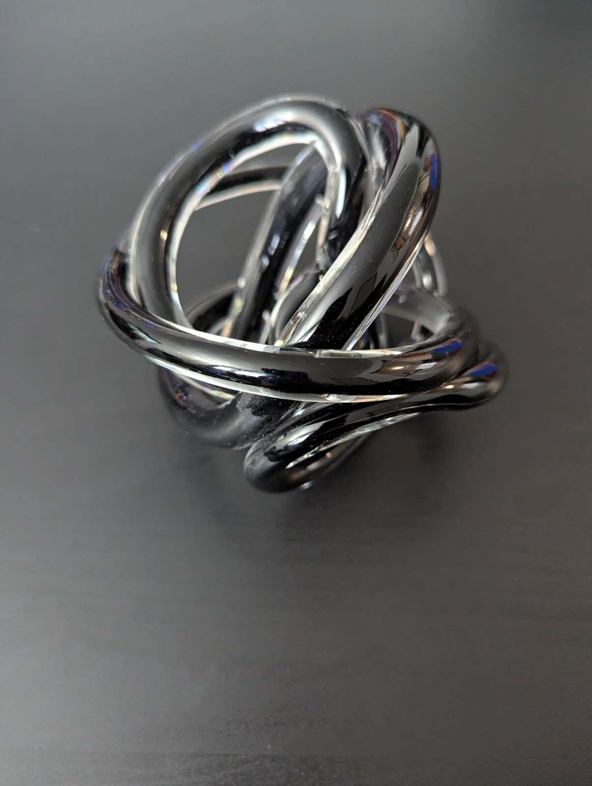 Hand Blown Art Glass Black Twisted Rope Knot Ribbed Paperweight Sculpture