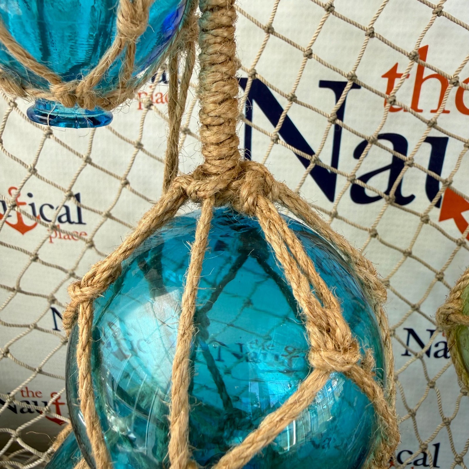 3 Glass Fishing Floats On Jute Rope, Red, Green, Blue, Aqua Fish Net Buoy