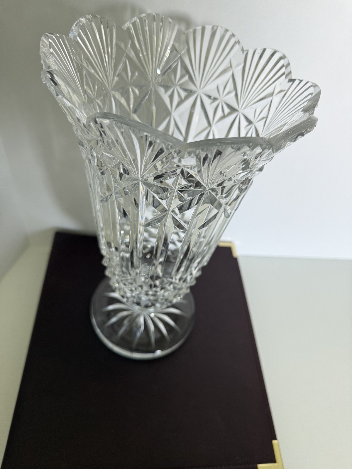 Waterford Archive Footed Crystal Scalloped Top Flower Vase 12” Tall 6.75″ Wide