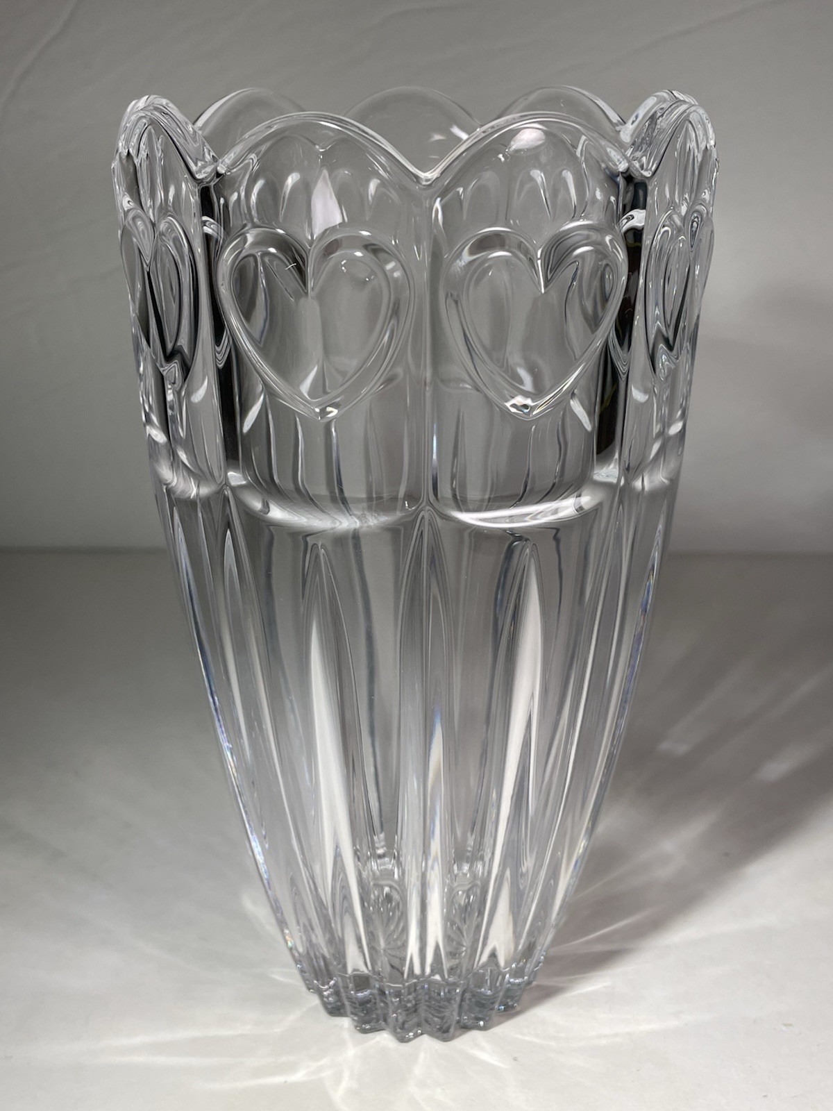 Vintage Heavy Ribbed Cut Crystal Vase Clear 7-3/8” Hearts Pattern Scalloped Rim