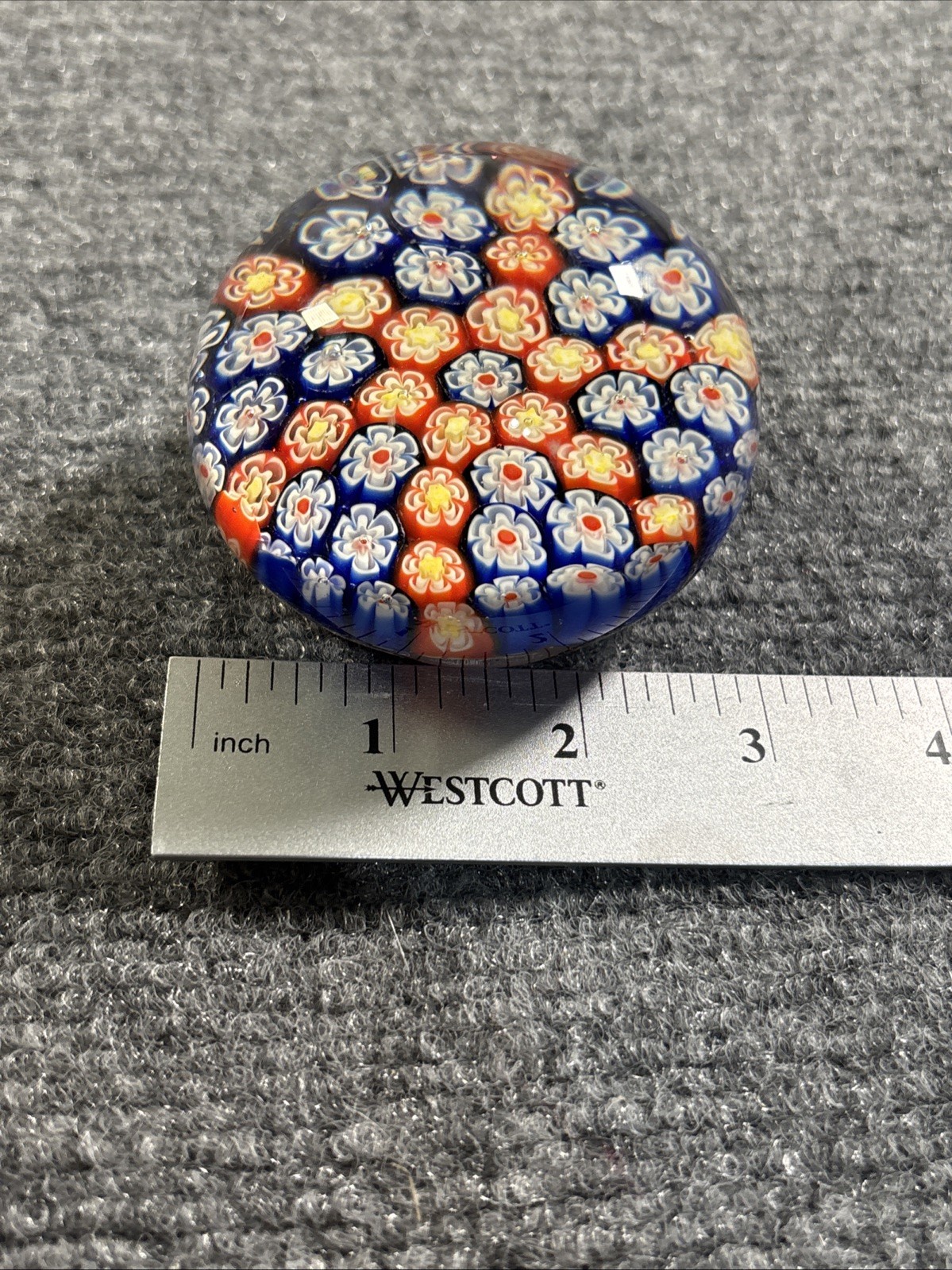 Vintage Silvestri Paperweight Millefiori Art Glass 3″ Blue Orange Flower Wheel