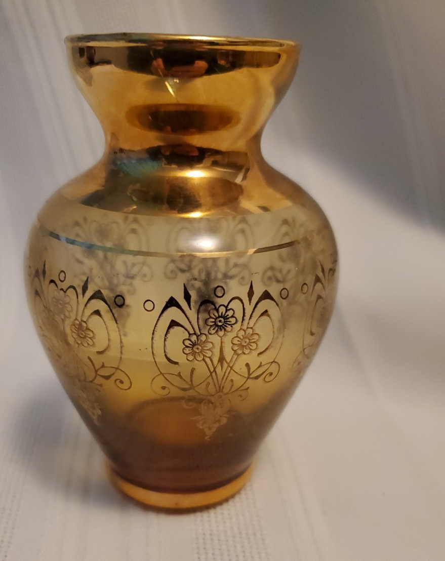 Vecchia Murano Italian Glass Amber Gold Detail bud Vase Approx 4in Tall