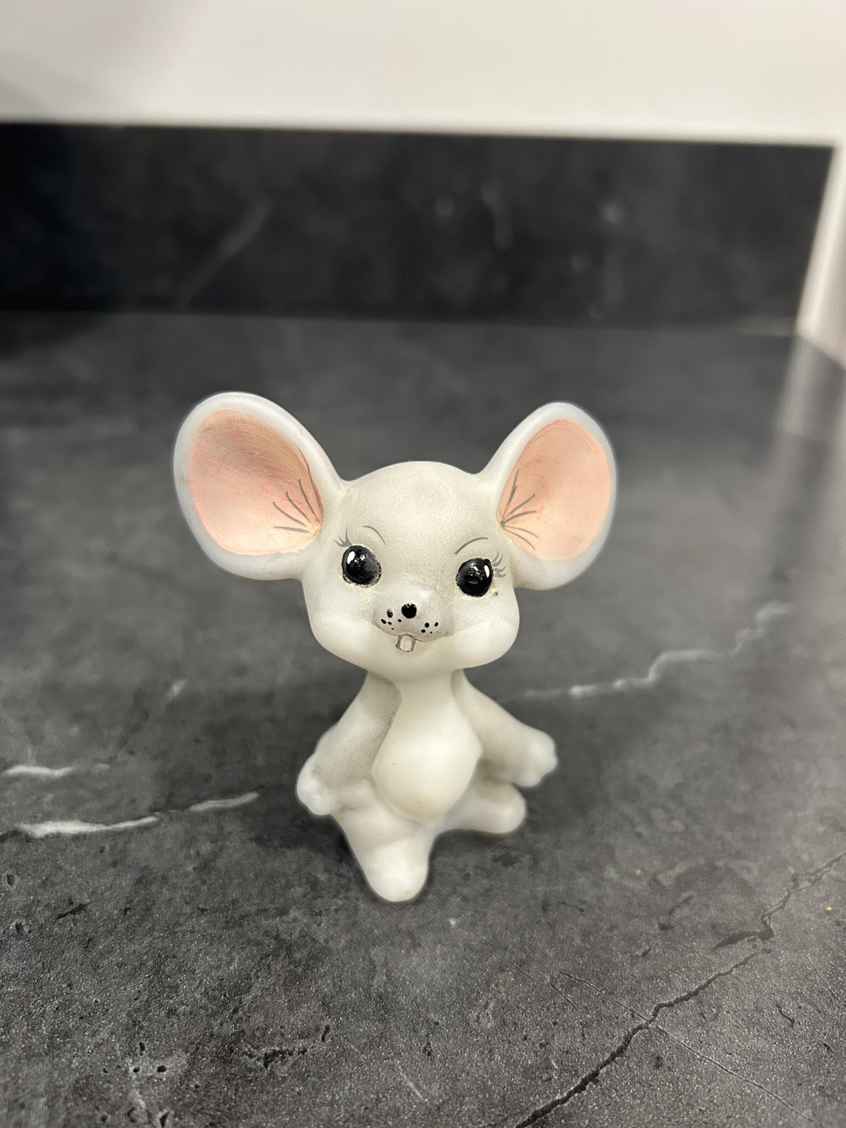 Vtg Hand Painted Fenton Satin Art Glass Big Ear 3″ Mouse Artist Signed
