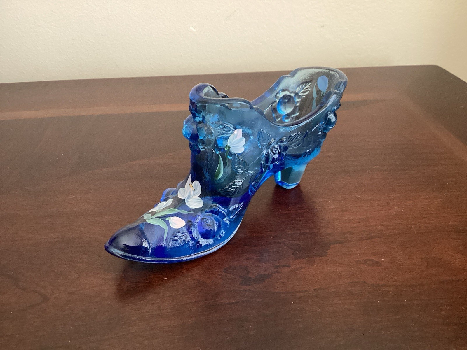Vintage Fenton Blue Hand Painted Flowers Glass Shoe