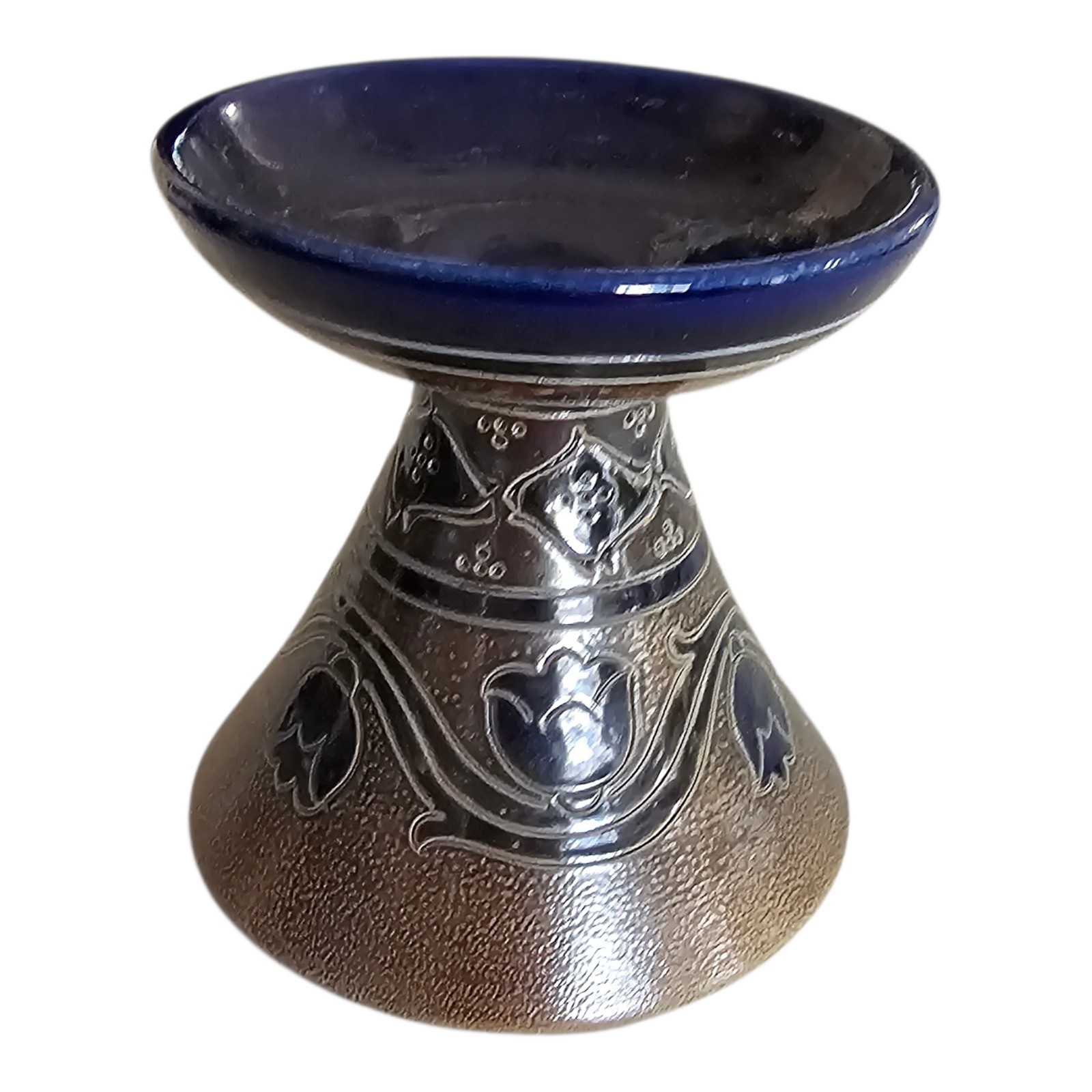 German Handarbeit Pottery Candle Holder Flower Glazed Vtg 4″ Pillar Vase Blue