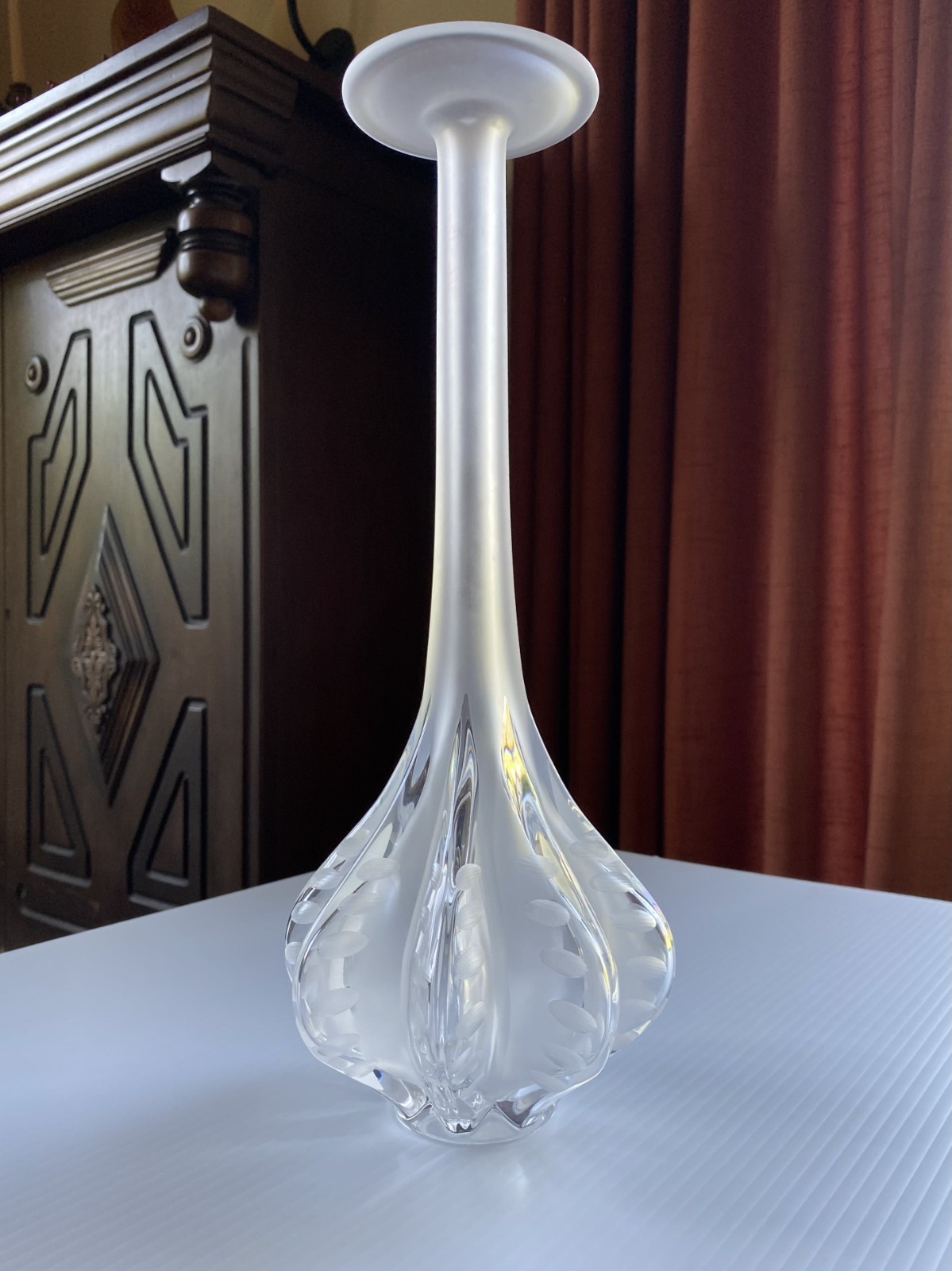 Lalique Claude Etched Crystal Vase 13.5” Marie-Claude Lalique France Vintage