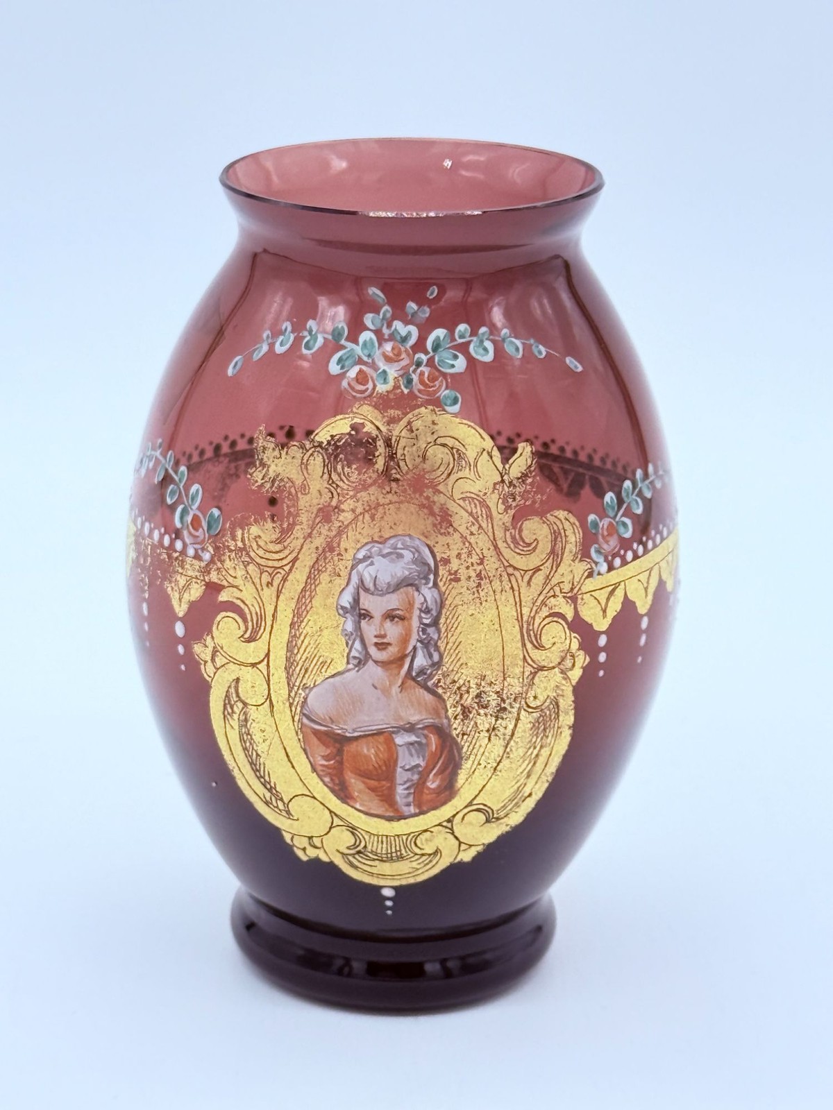 Hand-Painted Amethyst Art Glass Vase w/Gold & Floral Accents late 1800’s