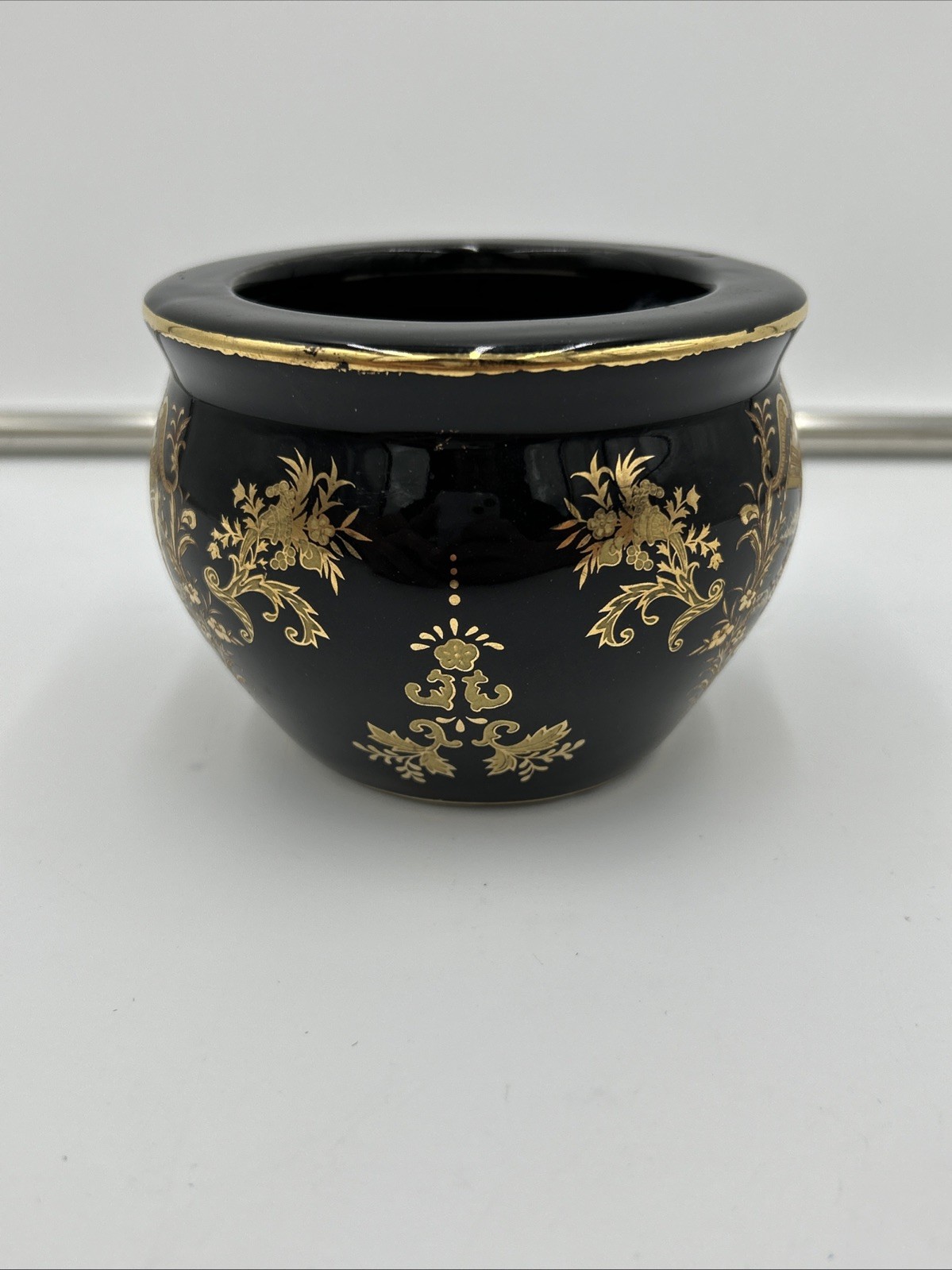 Vintage Limoges Jardiniere Black and Gold 3.25″ Classical Theme Made in France
