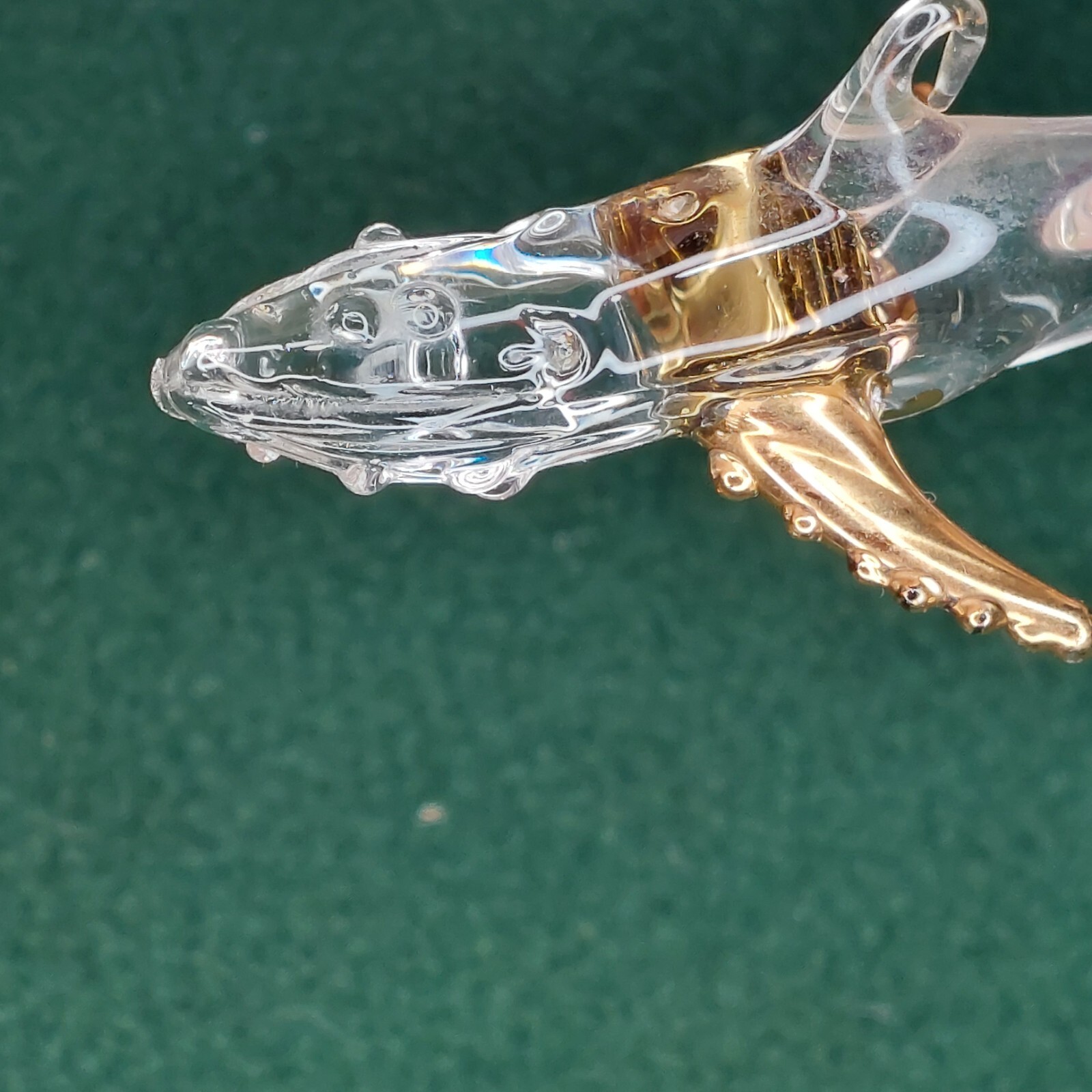 Vintage Glass Whale Figurine 4 inches long Clear with gold tail and flippers