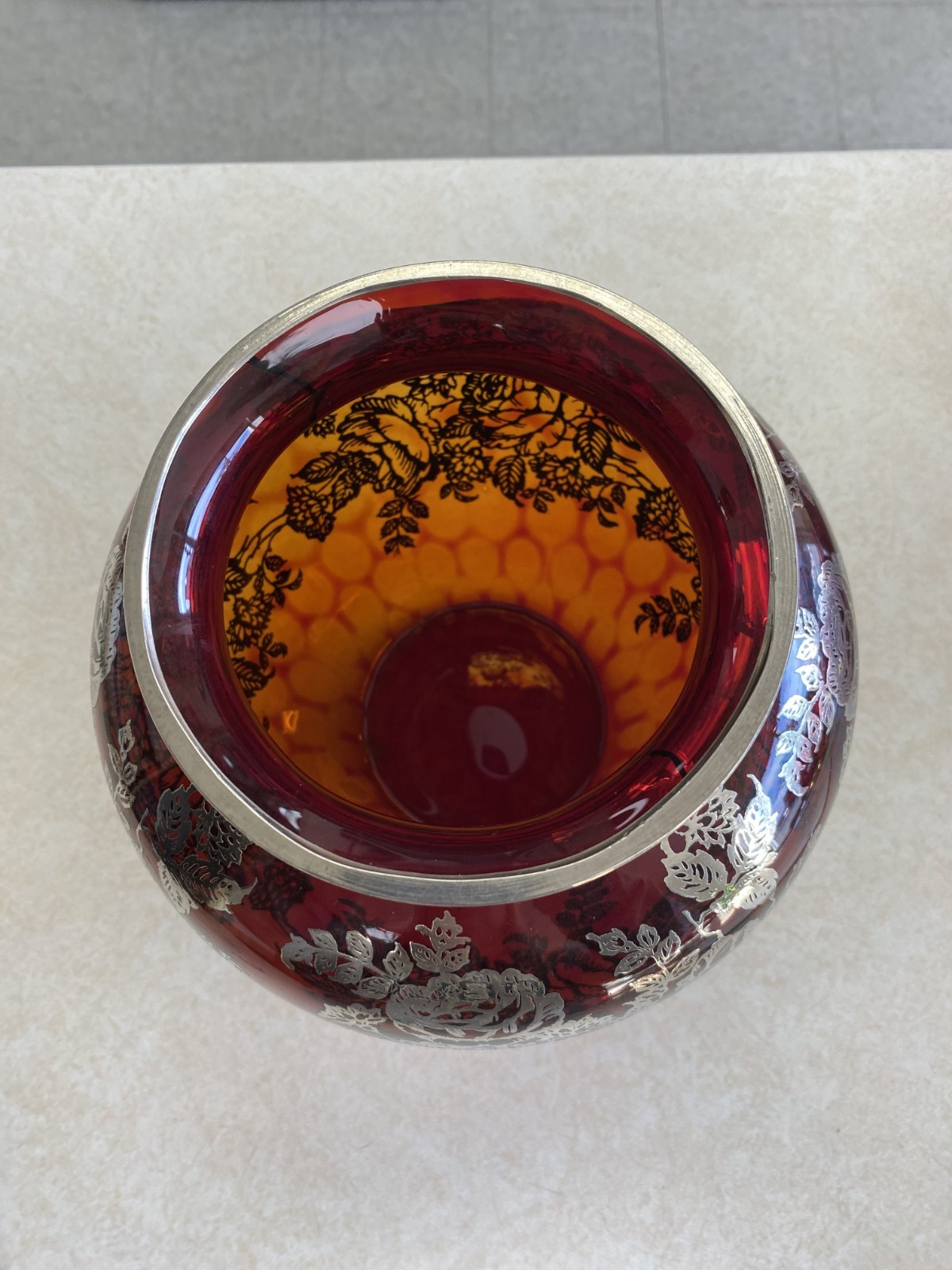 Ruby Red glass 8″ vase with silver overlay Made in USA 1938-1945