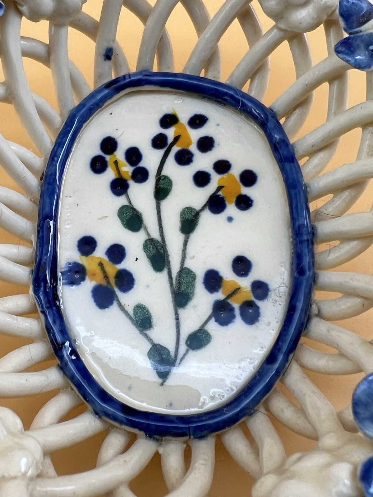Absolutely Adorable Handmade Clay Spaghetti Basket with Blue Flowers