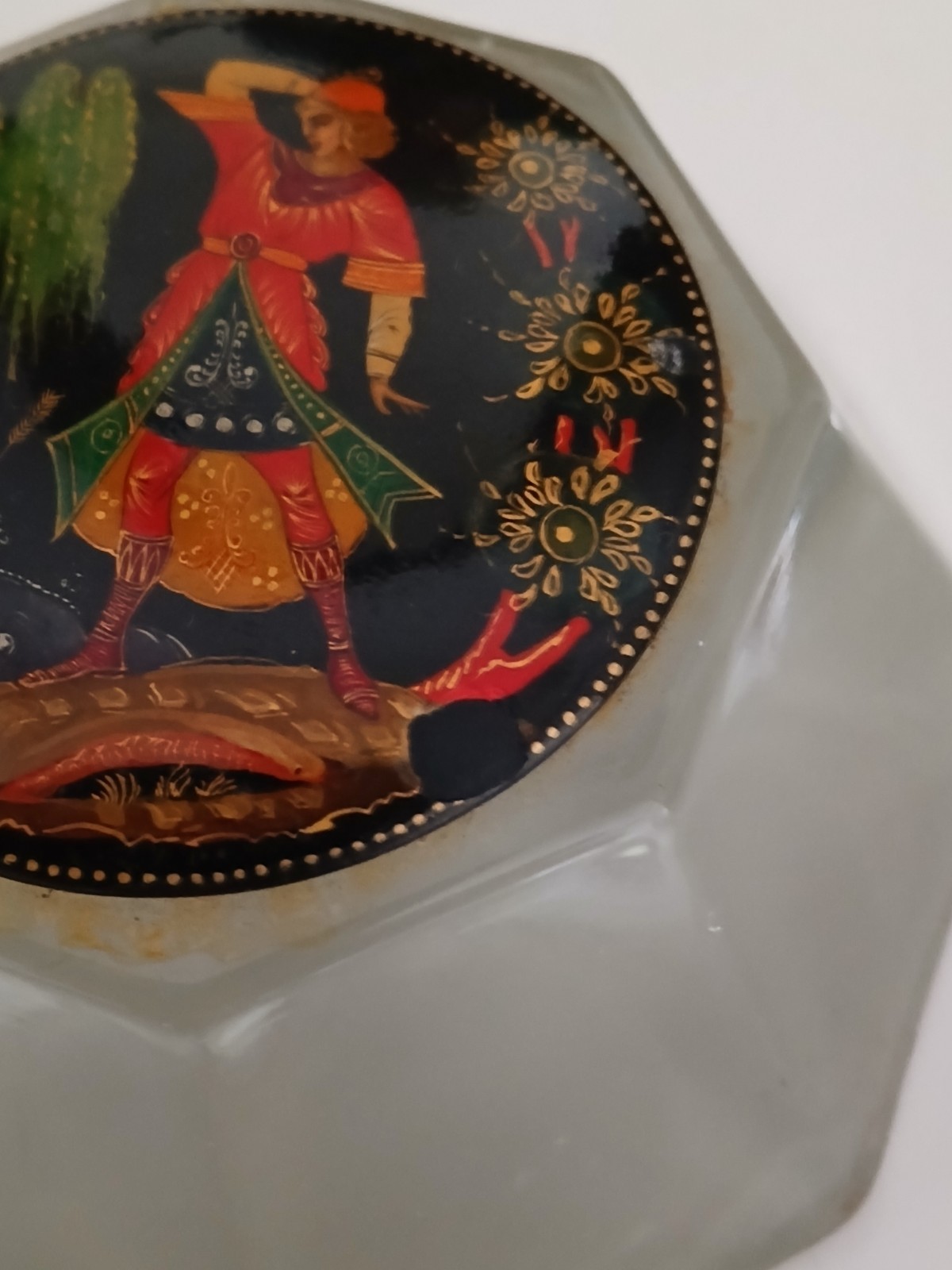 Antique Tapered Octagonal Glass Paperweight with Russian Lacquer Artwork to Top