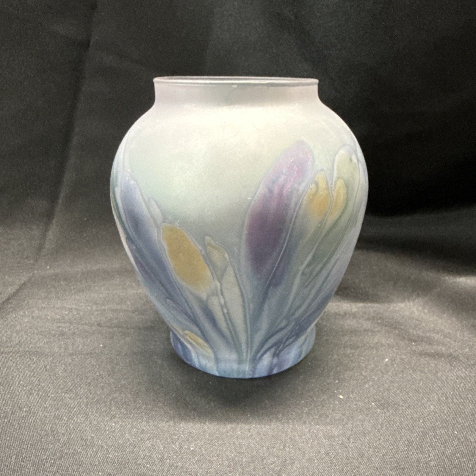 Rueven Glass Vase Hand Painted Purple Blue Yellow Green Drip Art Nouveau 6″ Vtg