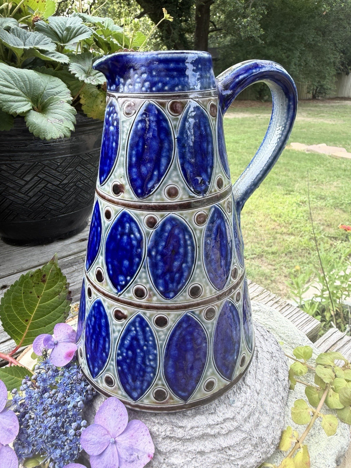 Vintage Balzar-Kopp Höhr German Pottery Pitcher Vase Cobalt Blue 7”