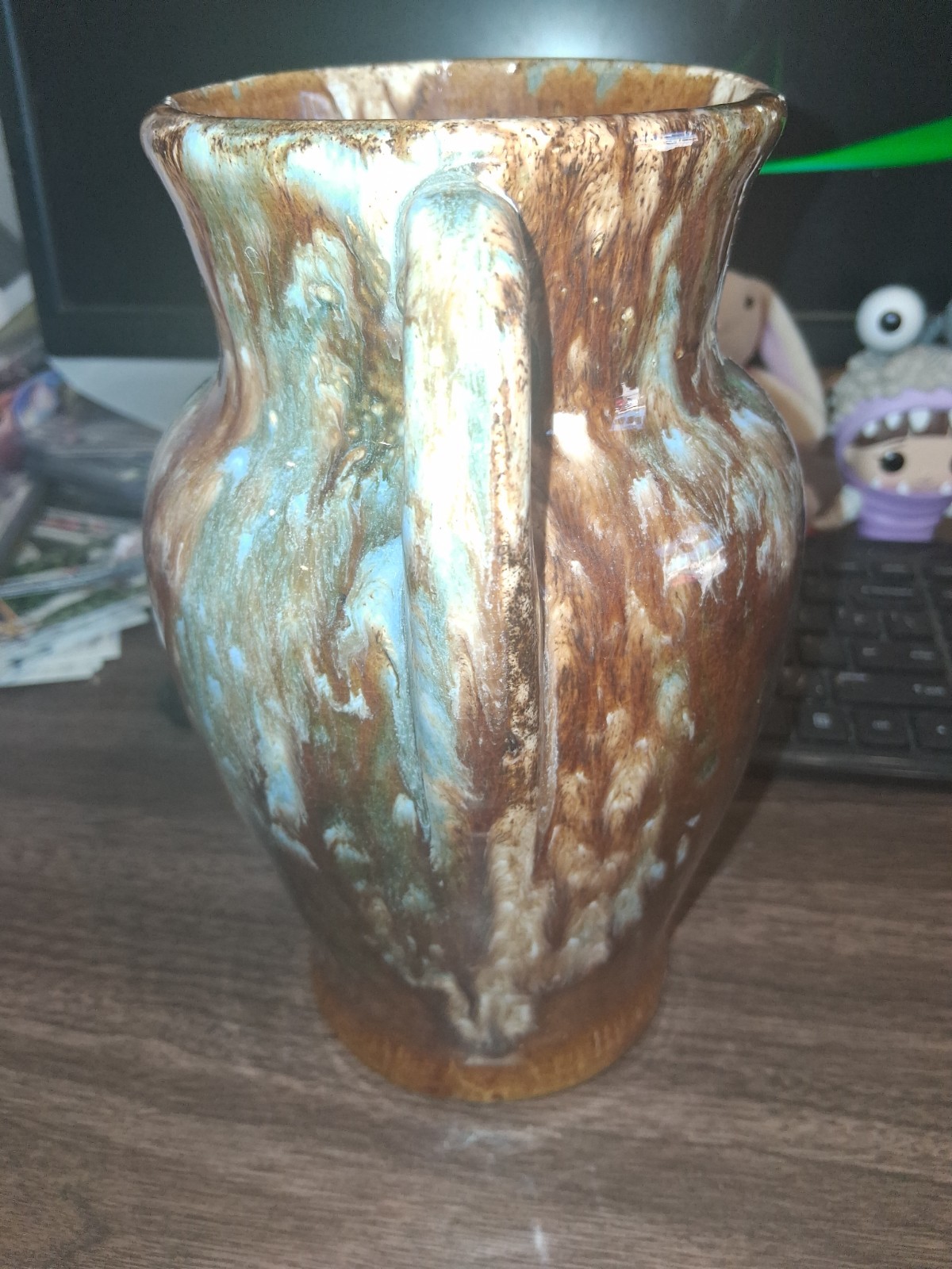 9″ TALL HANDCRAFTED FLOWER, MULTICOLOR VASE POTTERY W/HANDLE, HOME DECOR, INDOOR