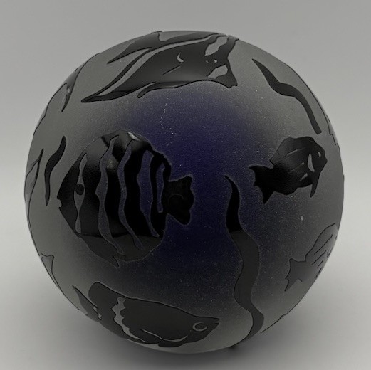 Steven Correia Art Glass Paperweight Ocean Fish Cameo Cobalt Blue Signed 3”