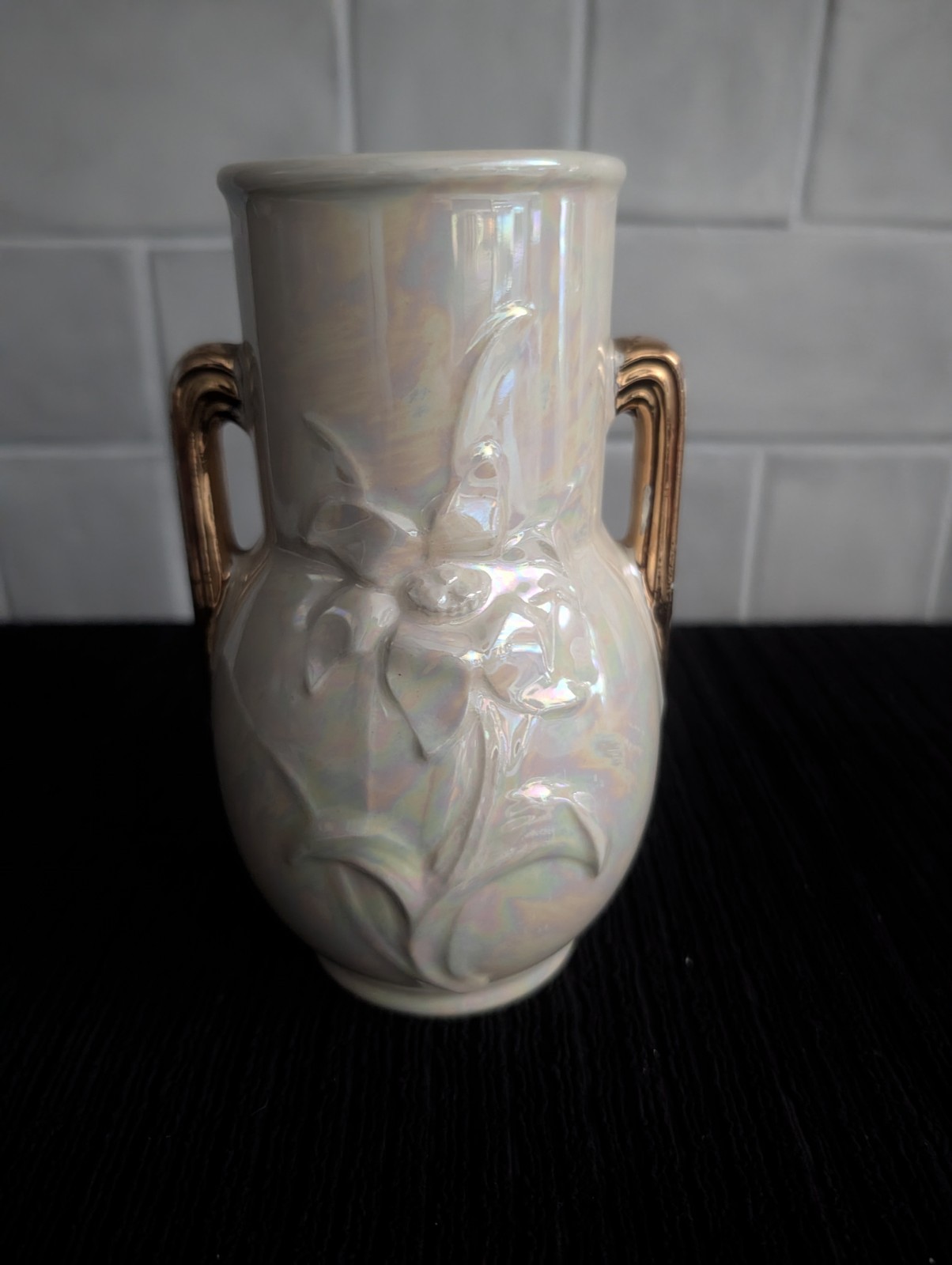 White Ceramic Floral Vase, Glossy Finish, Gold Handles, Decorative Pottery