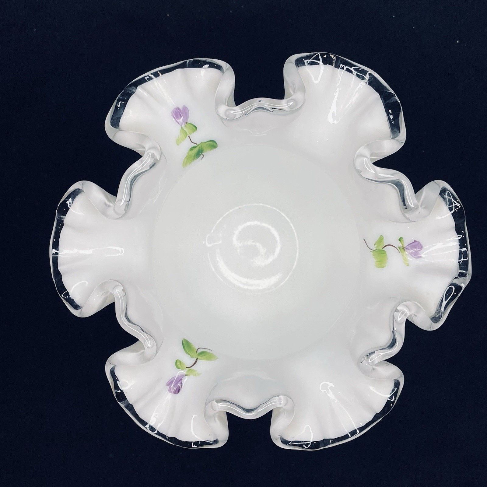 Vtg Fenton HP Silver Crest VIOLETS IN SNOW Rose Bowl Vase Signed Nancy Gribble