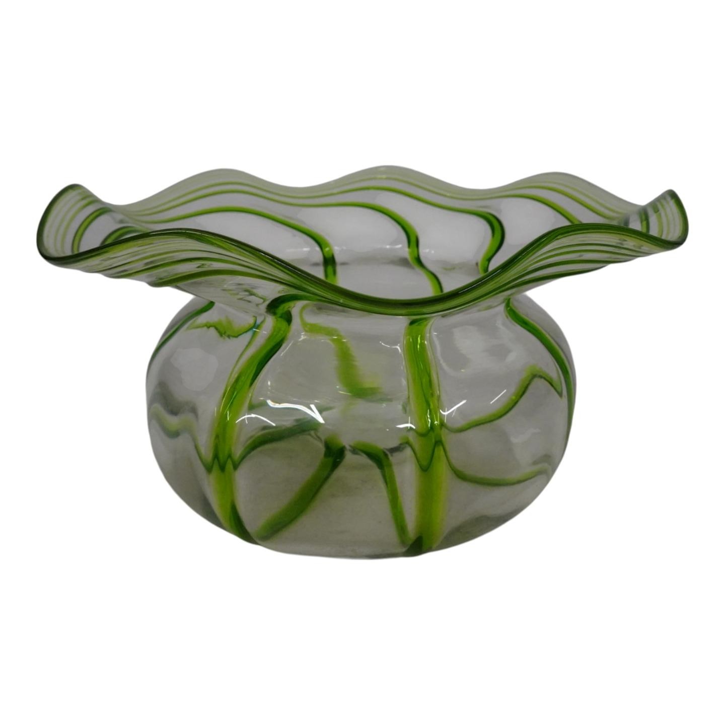 Stuart & Sons Stourbridge Hand Blown Green Trailed Art Bowl Glass Vase HT8