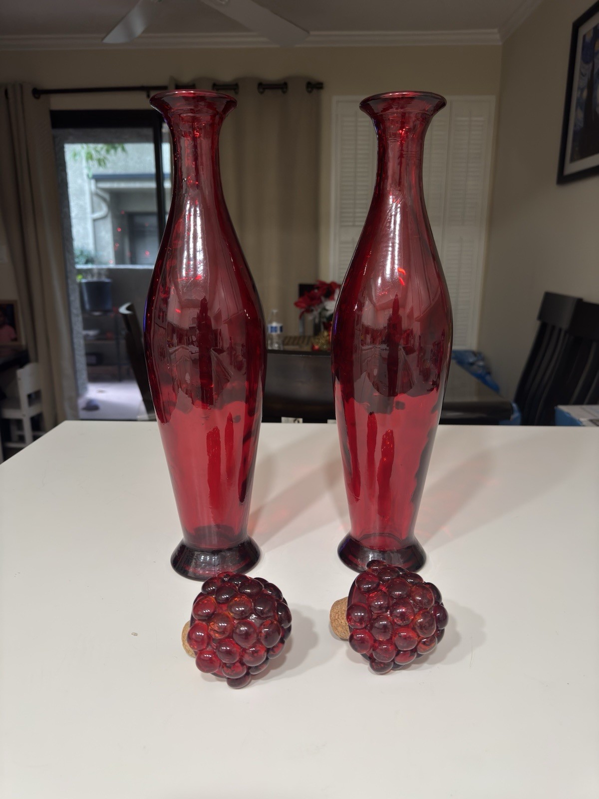 Set Of 2RARE Red Glass Decanter Round Glass Cork Stopper 19″ TALL MADE IN SPAIN