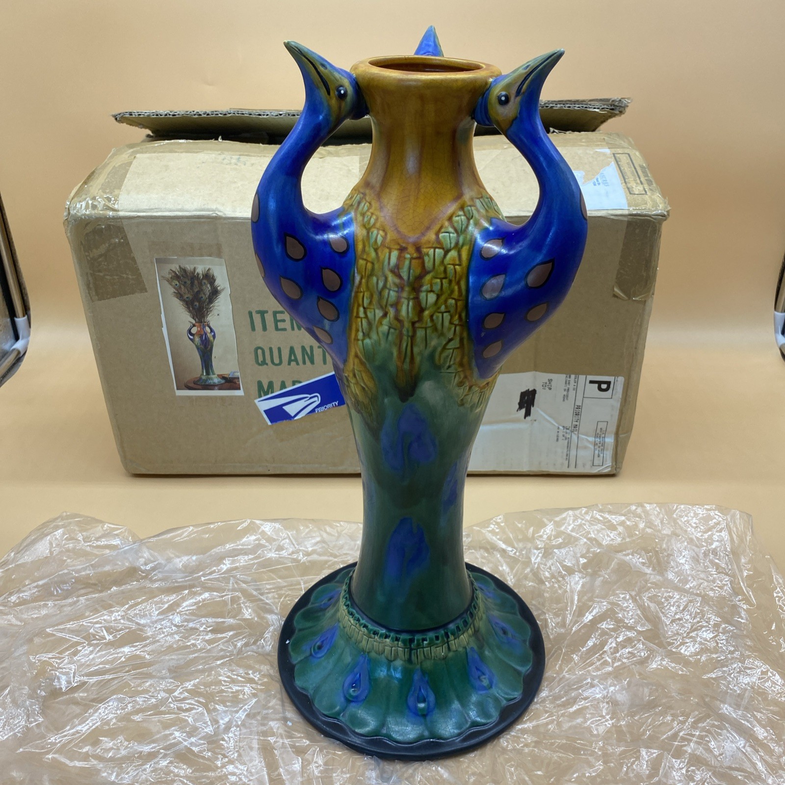 Vintage Art Nouveau Ceramic Pottery Peacock Bird Vase 16” Treasures READ!