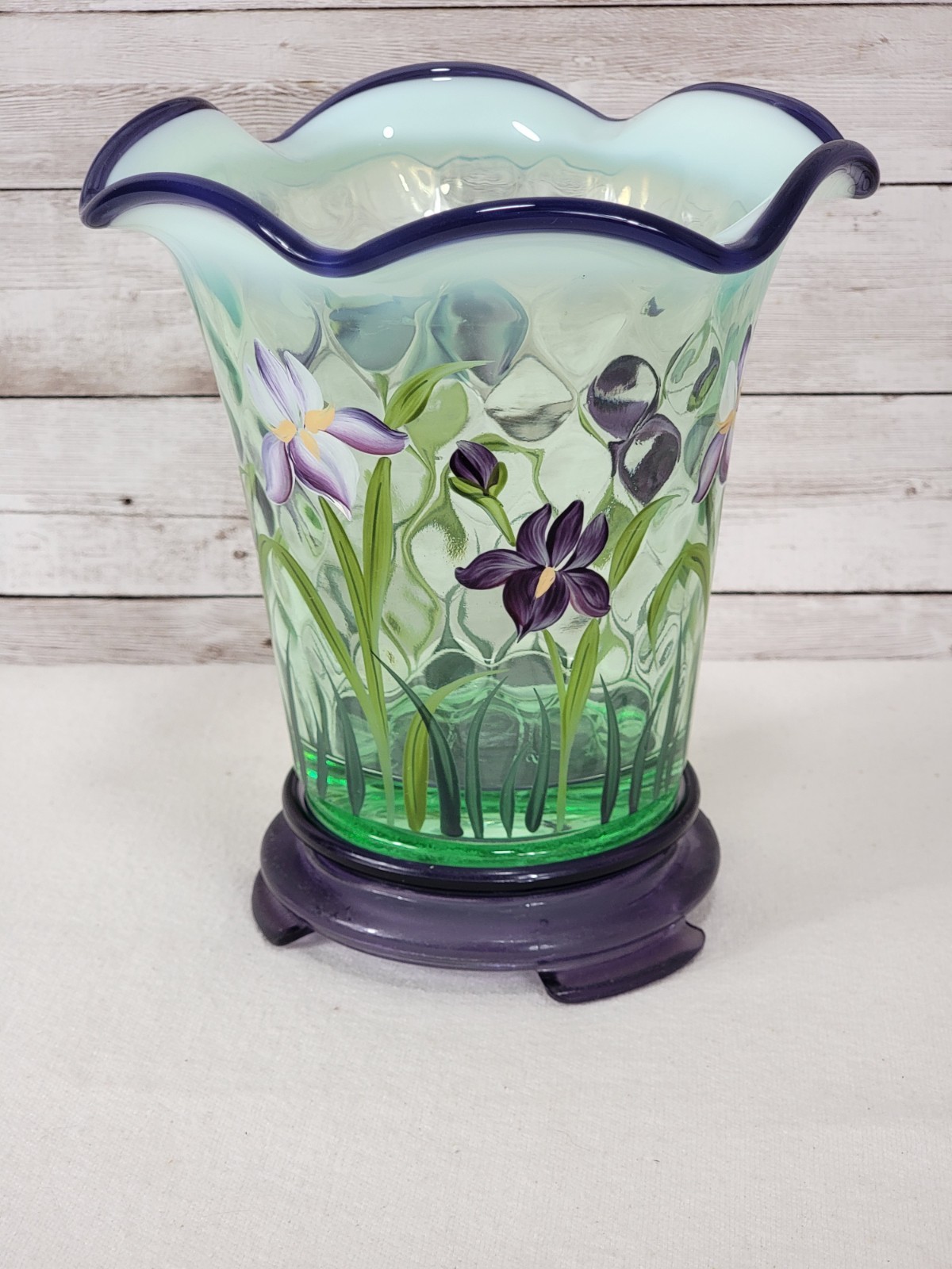 Fenton Designer Showcase Iris Vase Green Opalescent Martha Reynolds Stand 1 FLAW