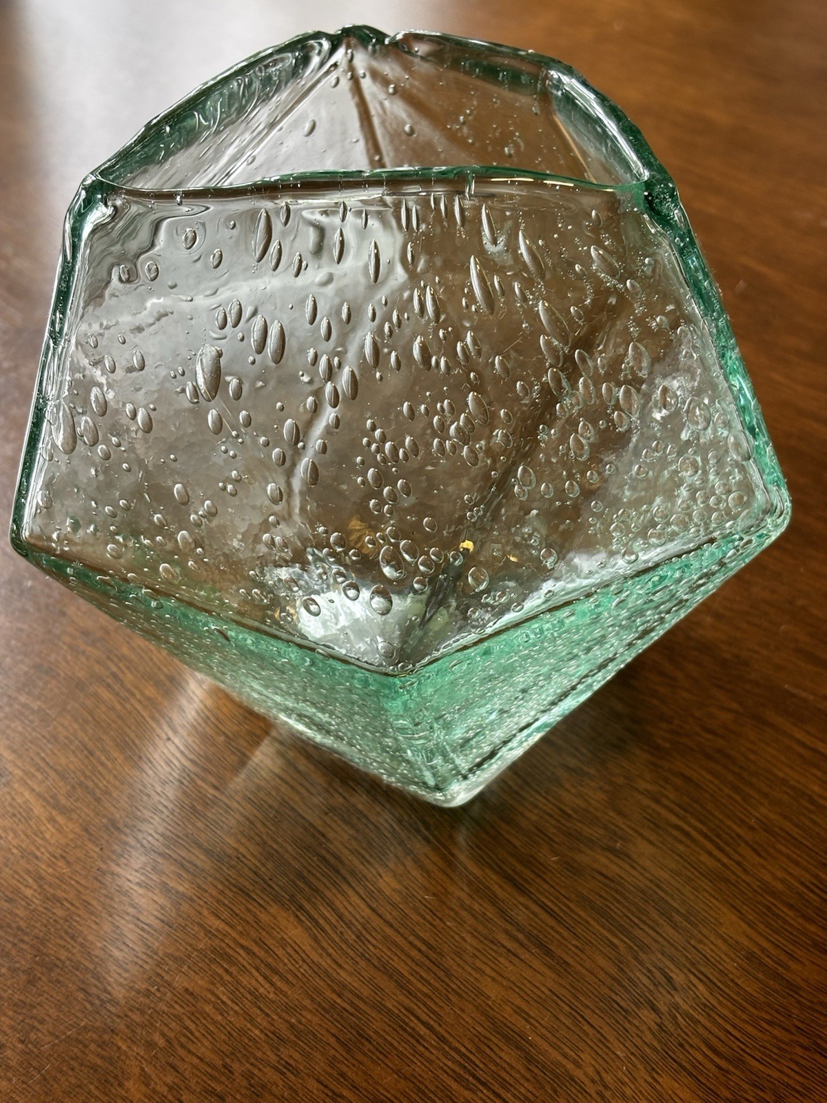 Vintage Green Bubble Glass Triangular Geometric Art Vase Jar Candle 6.5 in tall