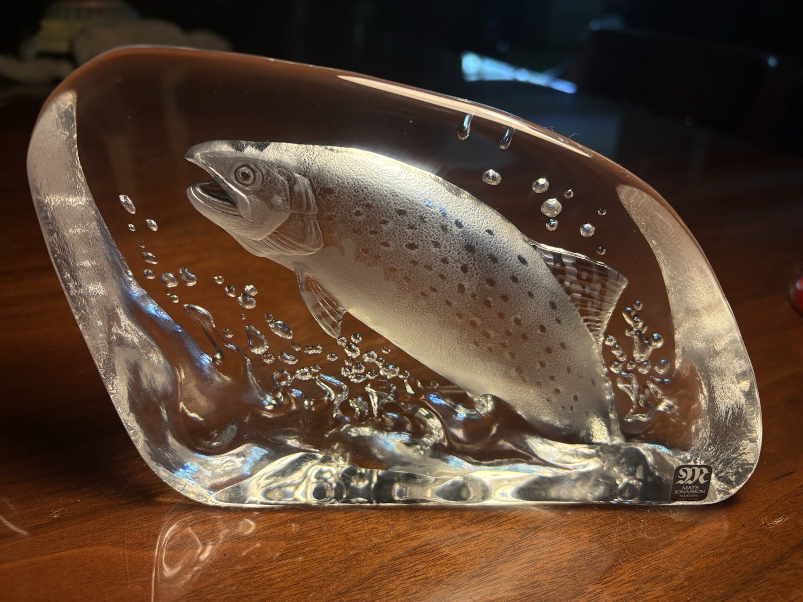 Mats Jonasson Signed Lead Crystal Salmon /Trout Paperweight