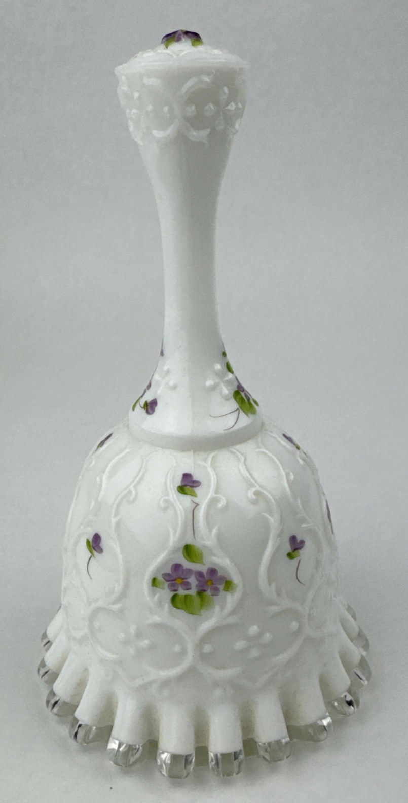 Fenton Silver Crest Violets in Snow on Spanish Lace Bell Artist Signed Vintage