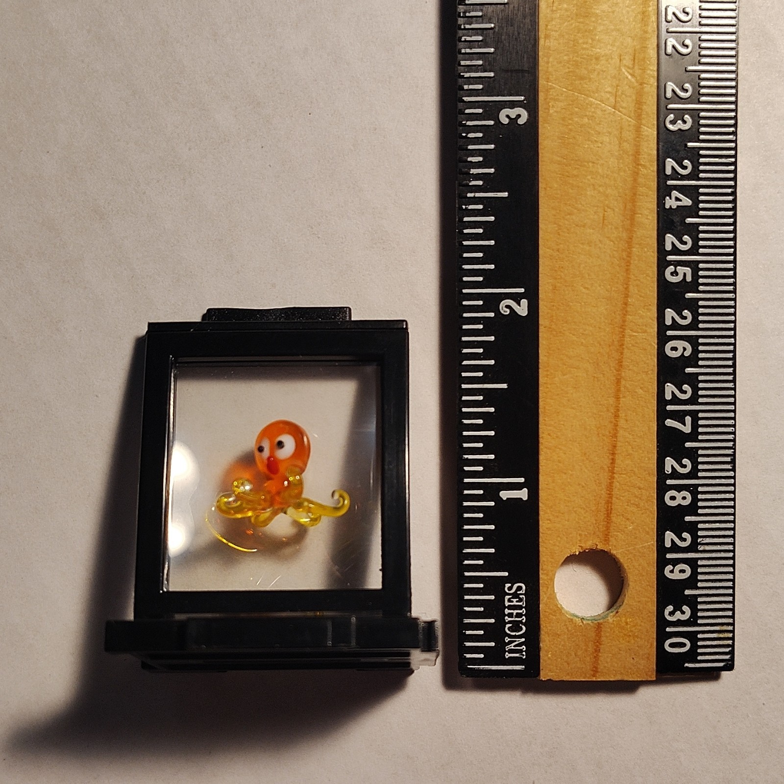 Glass Octopus Figurine Orange & Yellow in Black Display Case, Sea Life Decor