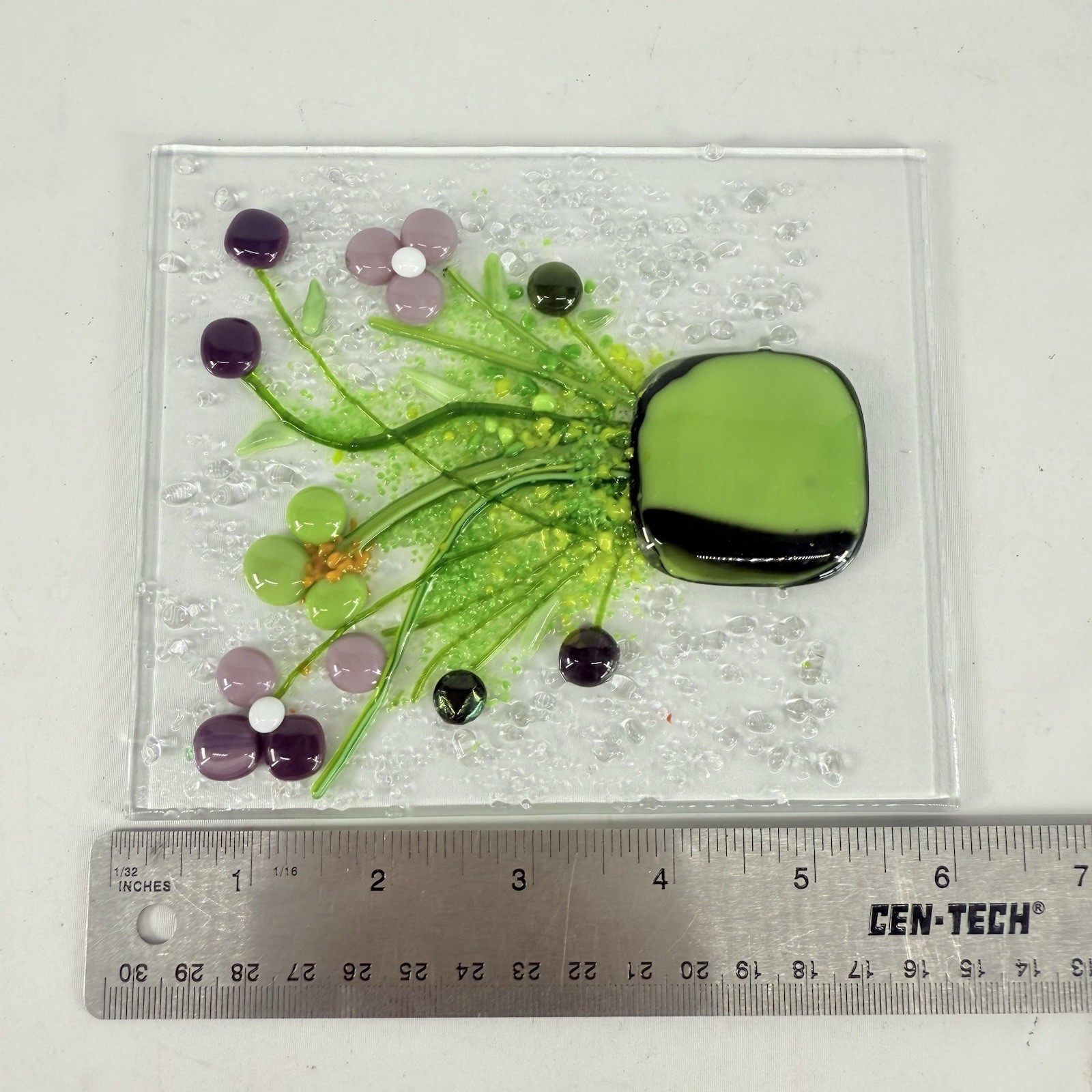 Studio Art Fused Glass Panel 3D Floral Flowers In Vase Pot 5” x 6” Green