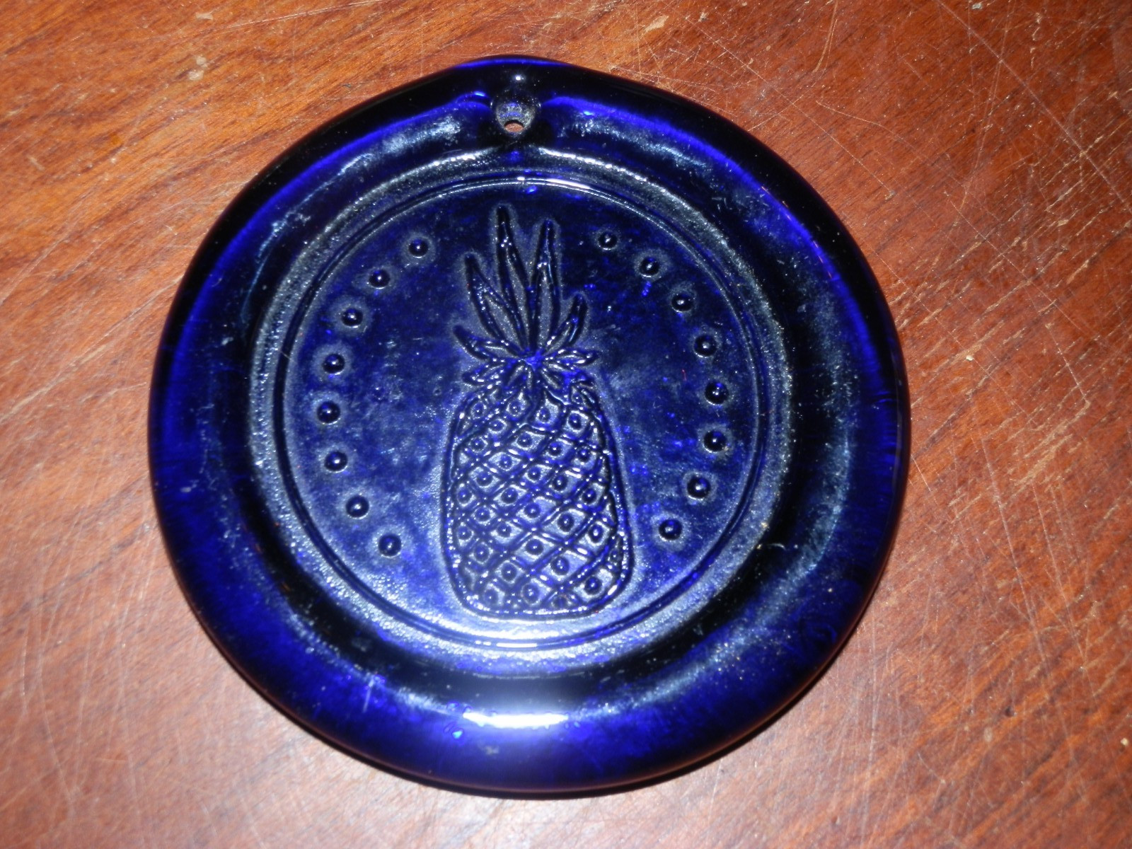Pressed Art Glass Pineapple Cobalt Blue Round Sun Catcher Ornament Window Art 4″