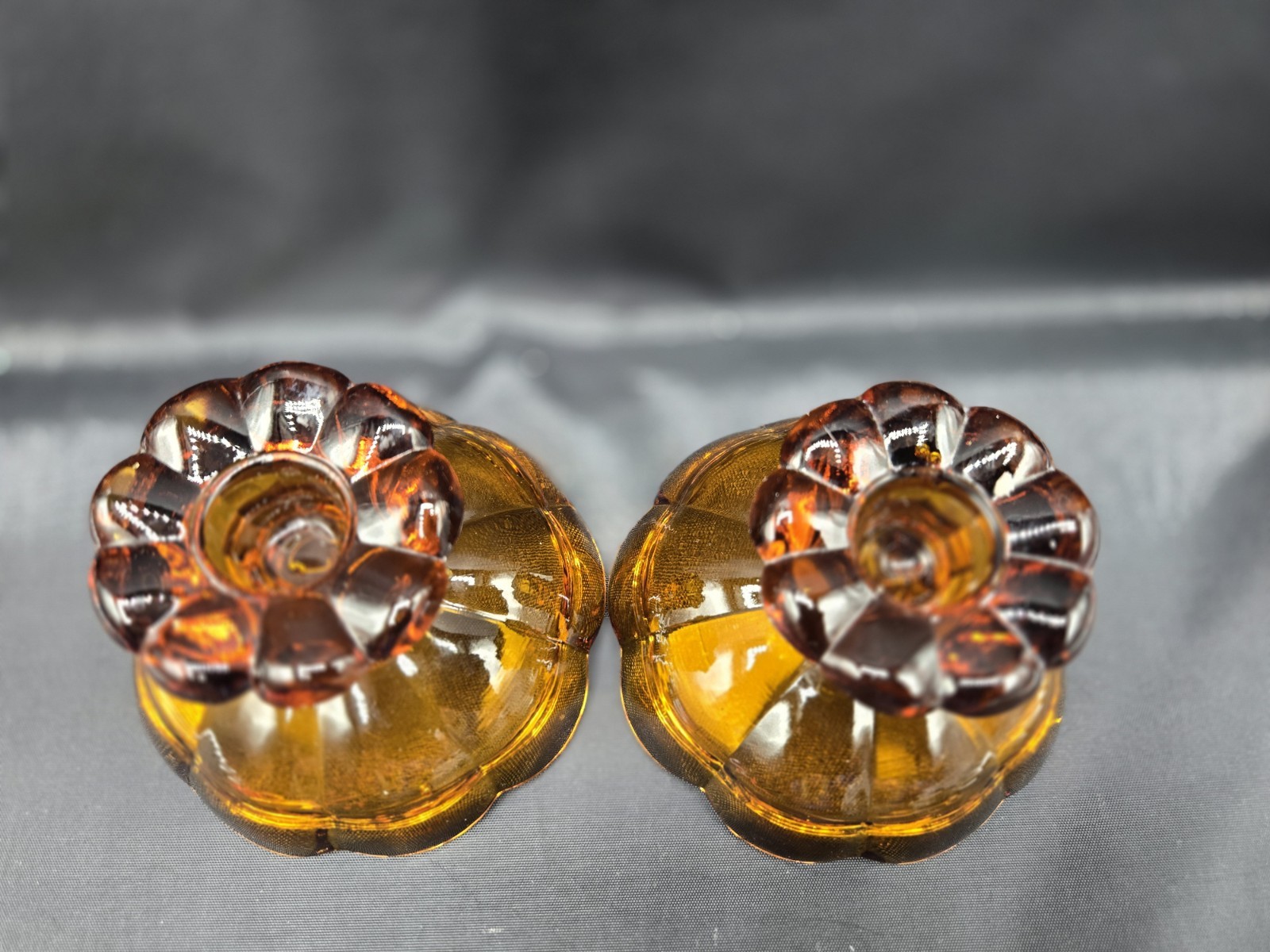 Vintage Amber Glass Candlestick Holders Dual Use Pair MCM