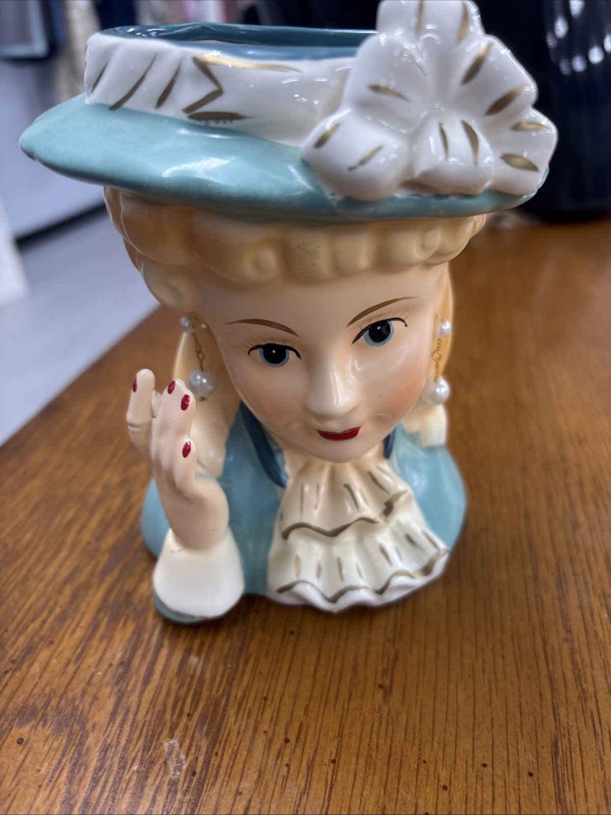 Vintage Repo Lady Head Vase #K-138 5 3/4 Tall in Teal with Earrings and Bow
