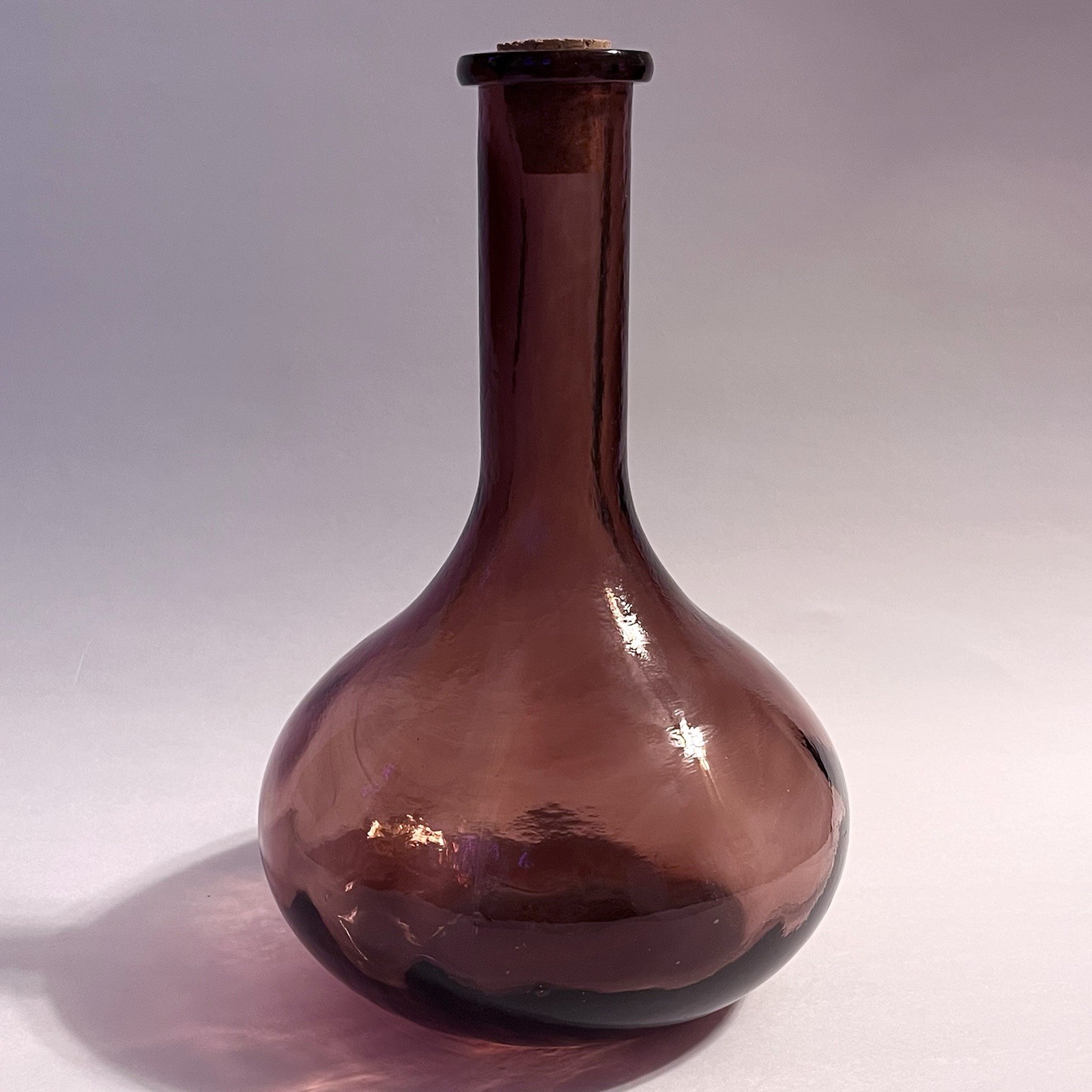 Vintage Amethyst Glass Bottle Decanter Molded Blown 9″ w/ cork Heavy Weight