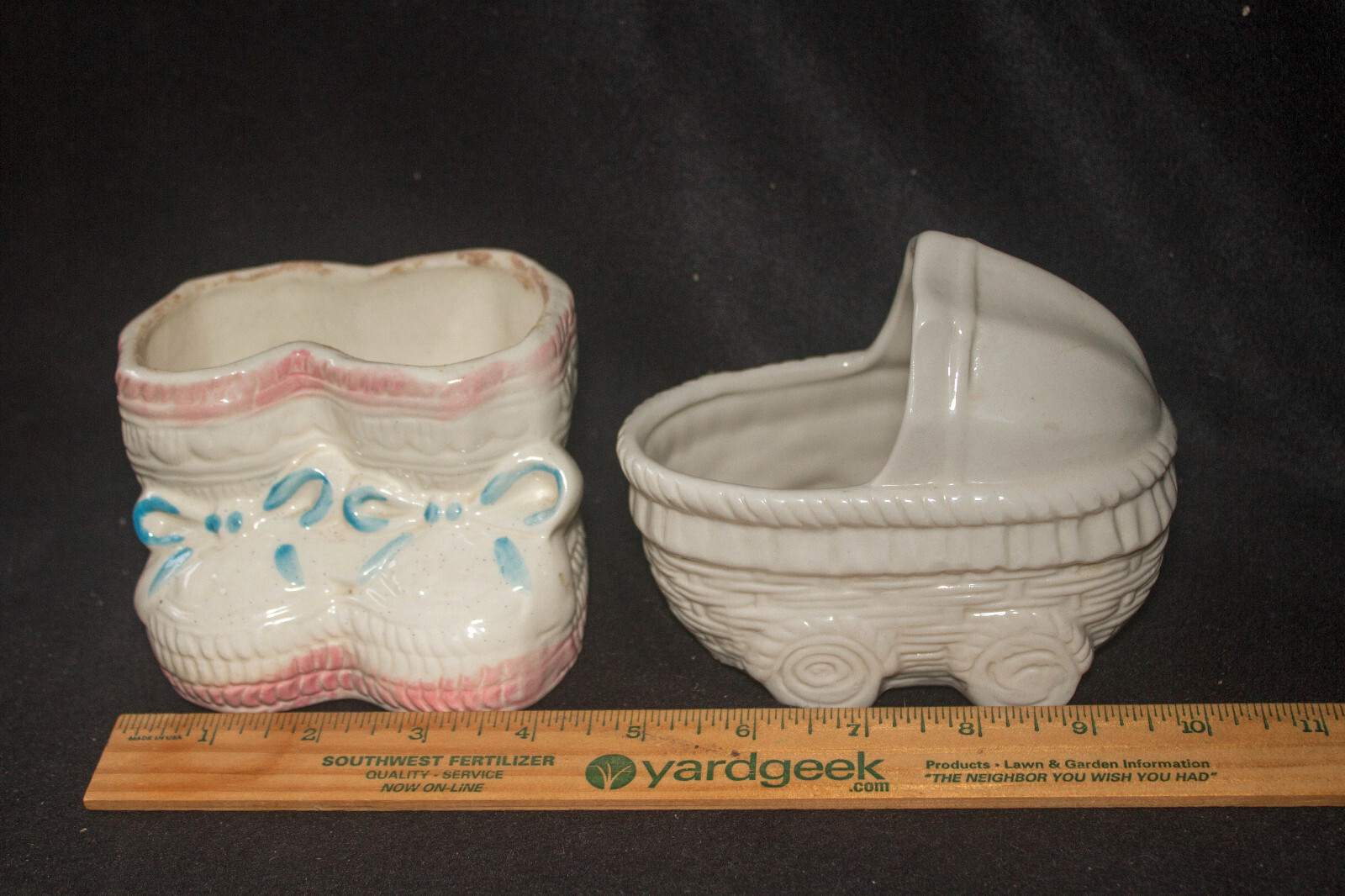 Vintage Lot of 2 Ceramic Baby Stroller & Booties Planter, unbranded