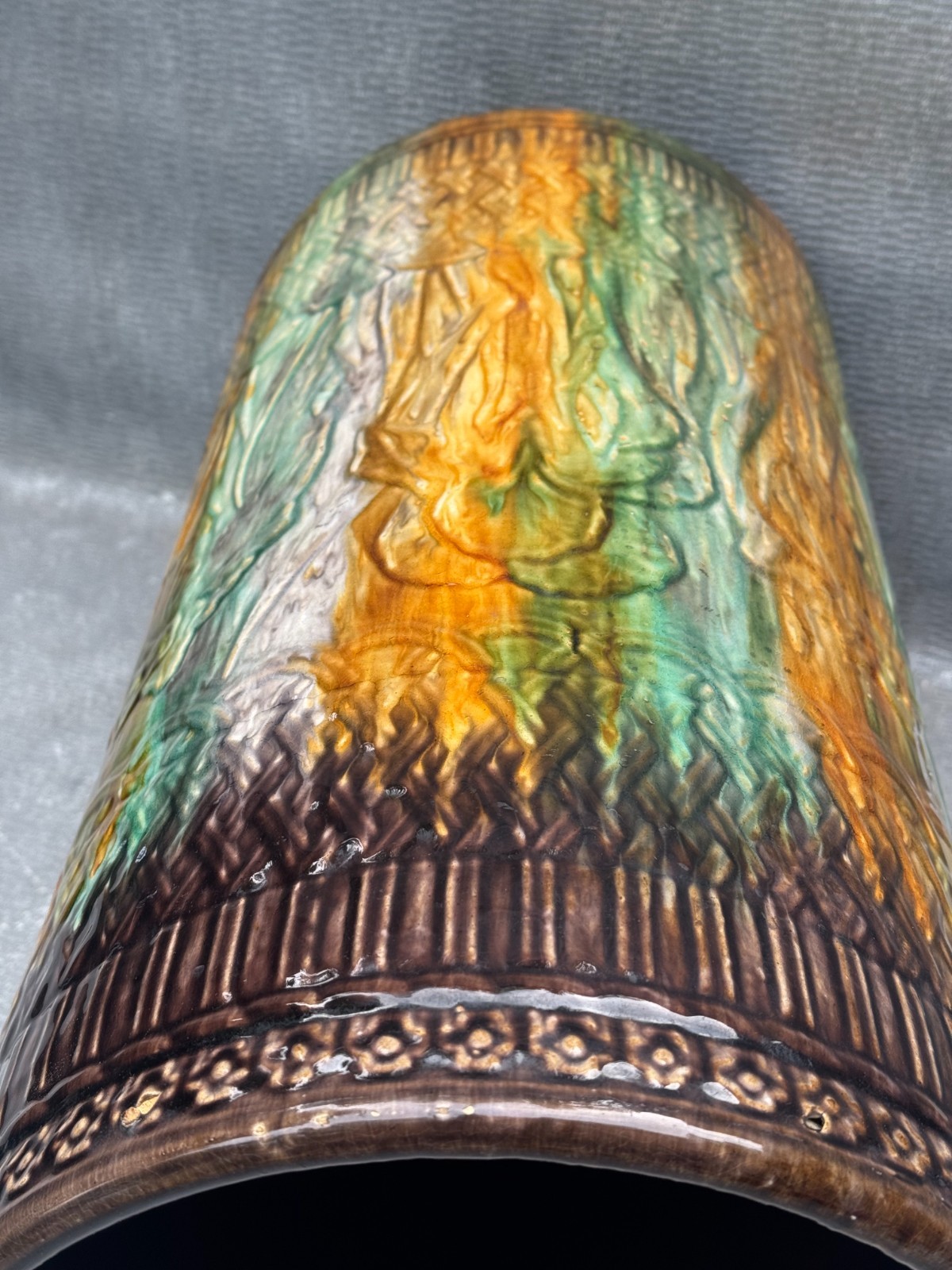VINTAGE BOHO CHIC FLOOR VASE LARGE STONEWARE POTTERY BIN EXOTIC DRIP GLAZE 20″