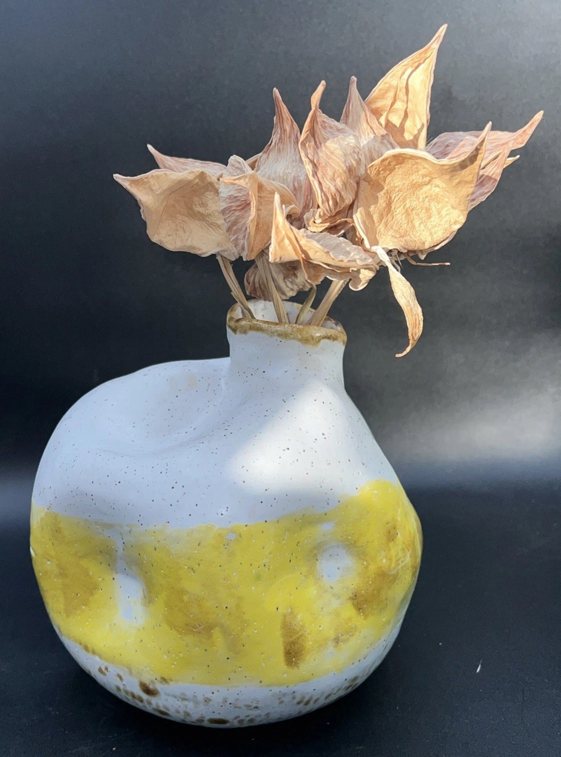 Handcrafted Studio Pottery Vase Modern Organic Pinched Form Yellow Glaze Signed