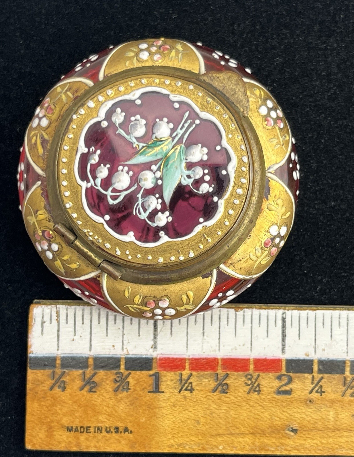 Antique Cranberry Art Glass Dresser Box Rare Lily Of The Valley Motif