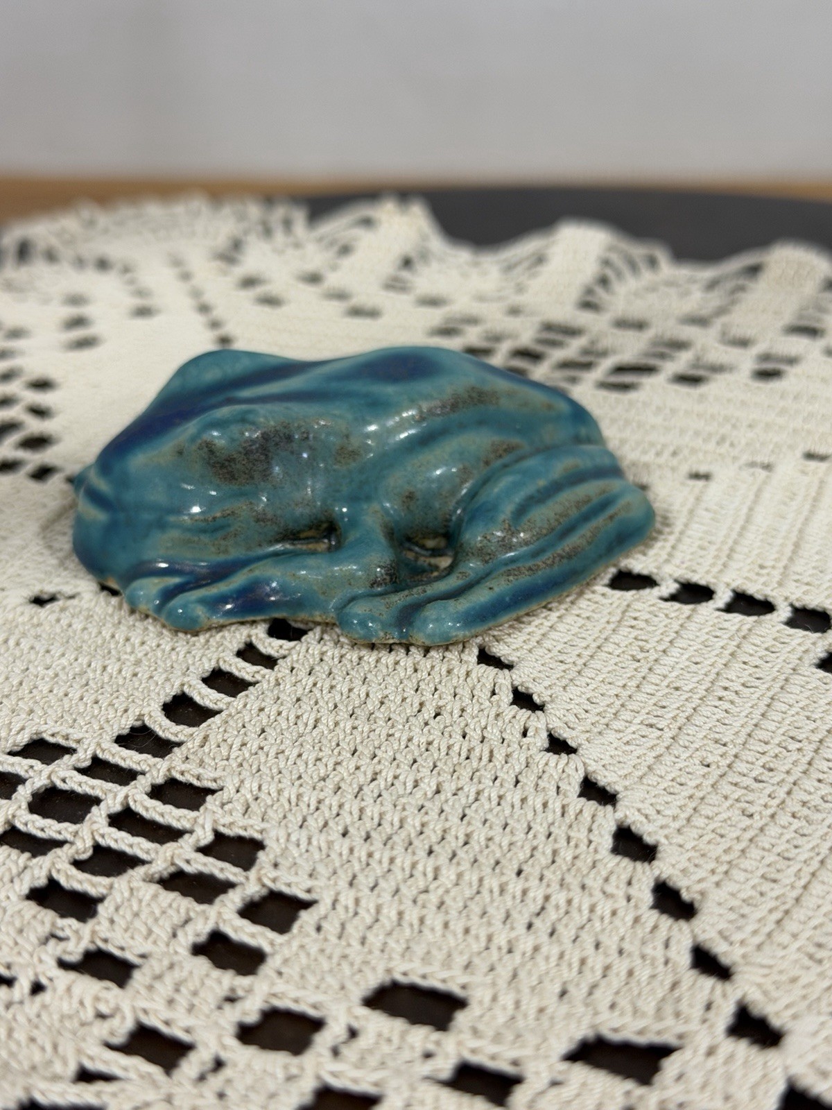 Pewabic Detroit Pottery Mottled Green Blue Frog Figurine Paperweight, Excellent